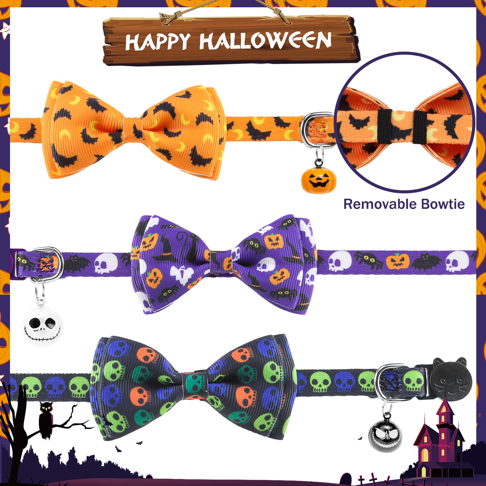 Pupteck Halloween Cat Collar With Bell Breakaway 3 Packs, Kitten Collar With Bowtie For Boy Girl Small Pets, Puppy, Bunny Outfit Costume