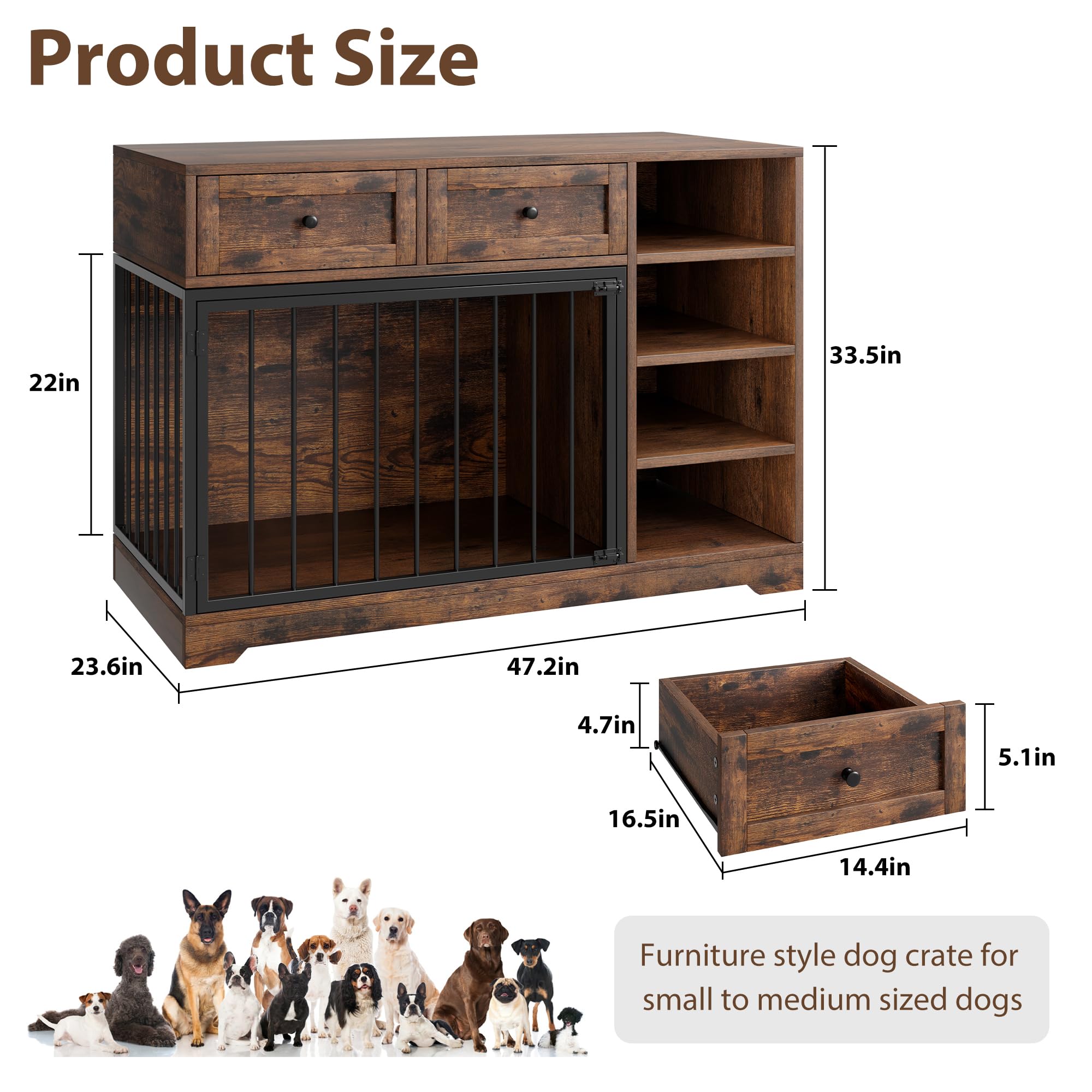 IDEALHOUSE 47    Large Dog Crate, Dog Kennel Indoor with 2 Drawers and 4 Shelves, Dog Crate Furniture TV Stand, Wooden Dog Cage