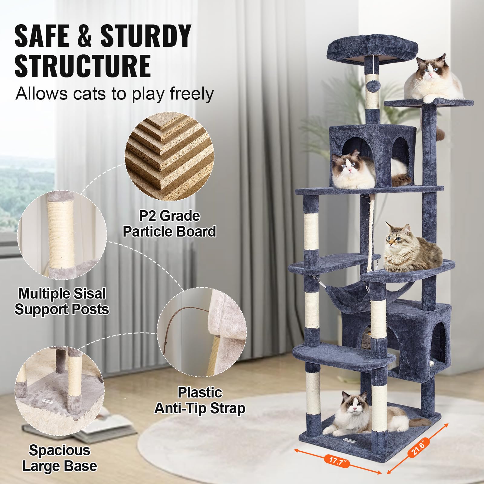 VEVOR Cat Tree 72 Cat Tower with 2 Cat Condos Sisal Scratching Post Dark Grey