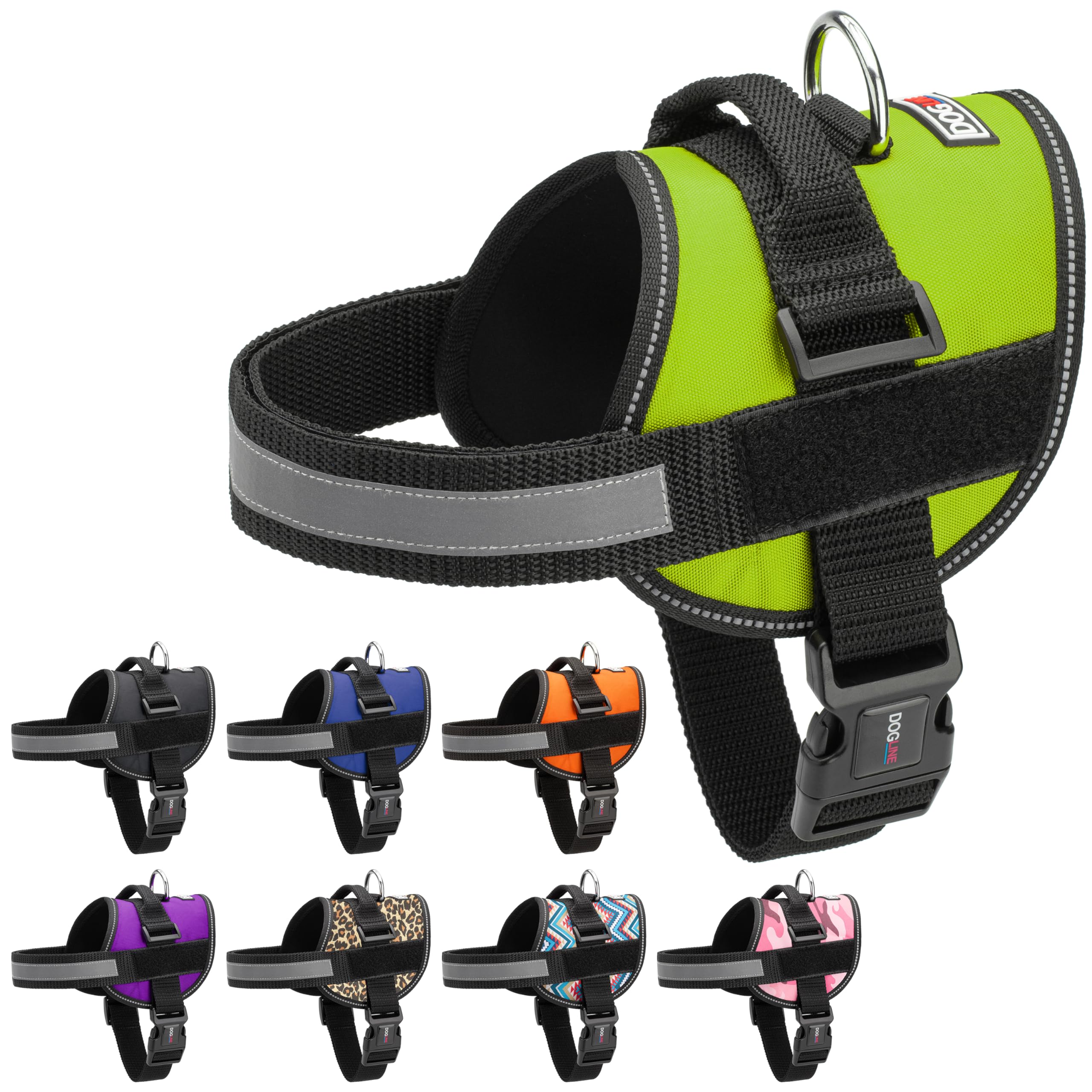 Dogline Dog Harness, Reflective No-Pull Adjustable Vest With Handle For Walking, Training, Breathable, No - Choke Harness For Small, Medium Or Large Dogs Room For Patches Girth 27 To 34 In Lime Green