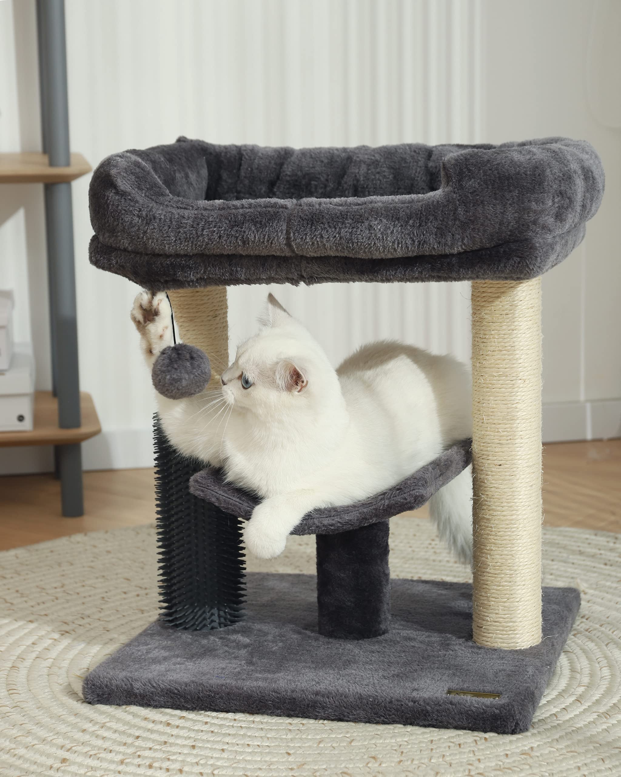 HOOPET Cat Tree Tower, Smoky Gray Cat Scratching Post with Cozy Perch, Self Groomer, Interactive Ball, Model HYAMZ-MPJ005