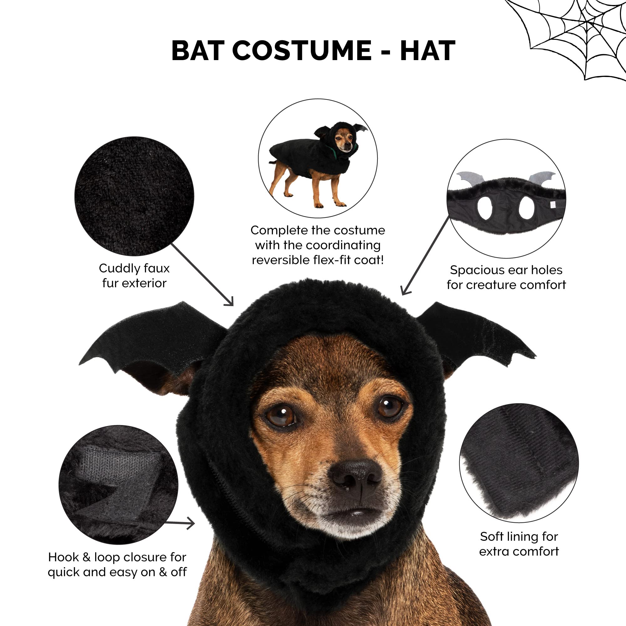 Furhaven Lg-Xl Dog Hat Flex-Fit Black Bat Plush Faux Fur Halloween Costume, Washable - Black, Large To X-Large