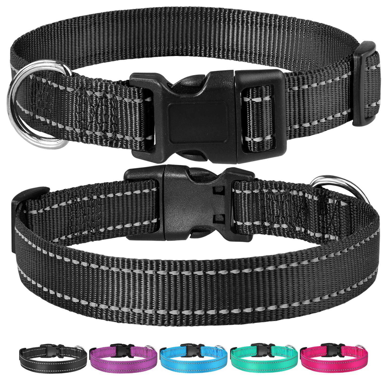 Reflective Dog Collar With Buckle Adjustable Safety Nylon Collars For Small Medium Large Dogs, Black Xxs