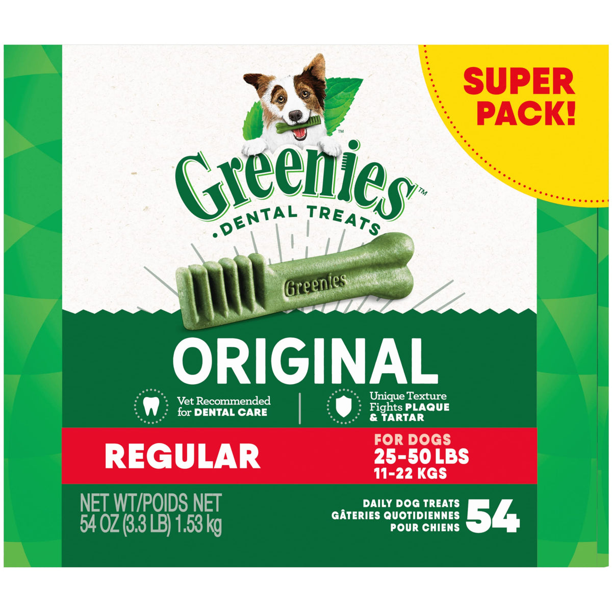 Greenies Original Regular Natural Dental Care Dog Treats, 54 Oz. Pack (54 Treats)