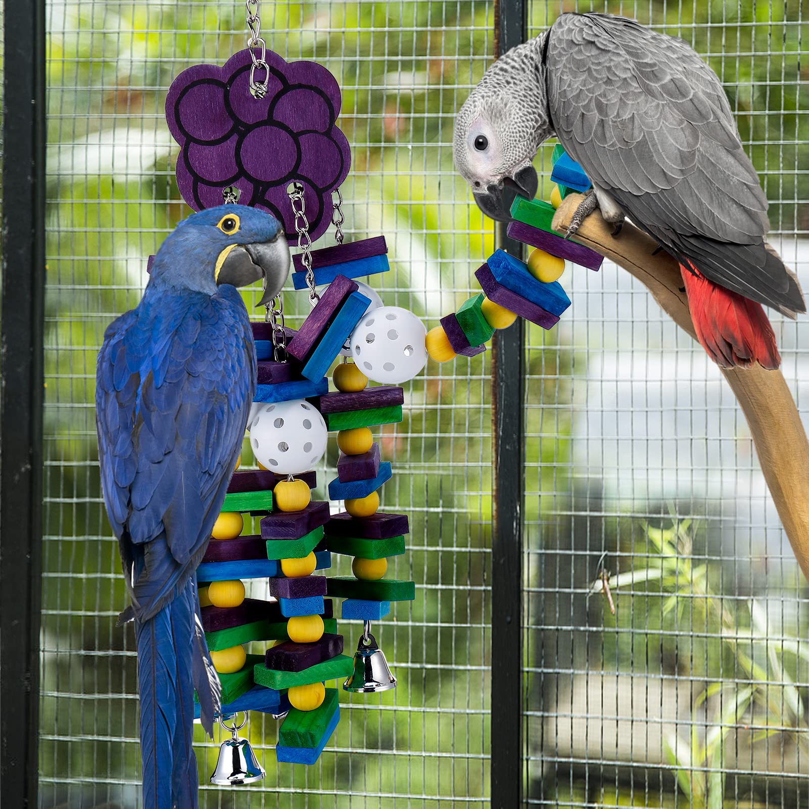 Mewtogo Large Bird Parrot Toys With Bells- Parrots Cage Chewing Toy With Colorful Wood Blocks Beads- Bird Parrot Chewing Sticks