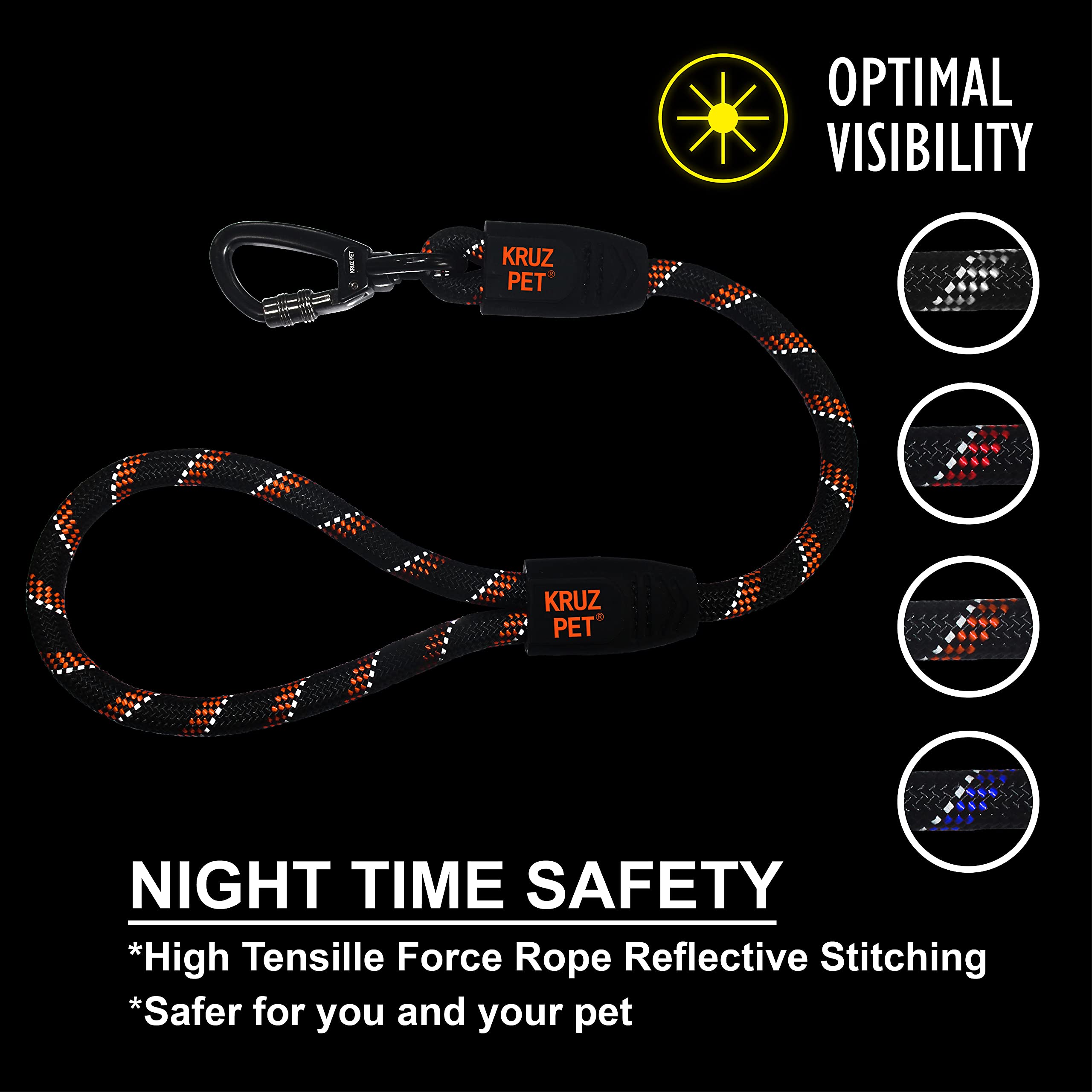 Kruz Short Traffic Leash - Kzrope5020-03L - Soft Silicone Grip - Click & Lock Snap - Heavy-Duty Reflective Dog Rope For Security