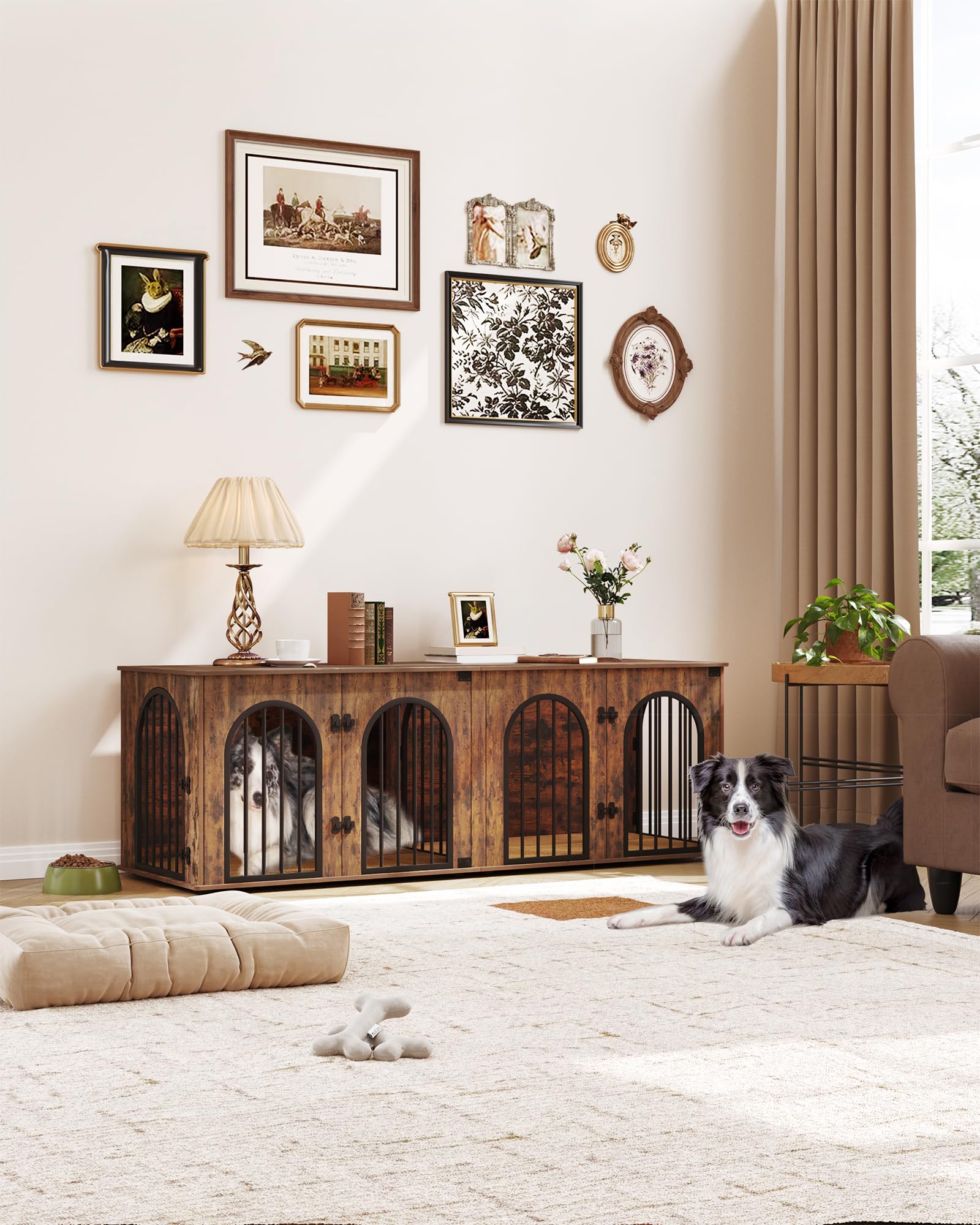 Hzuaneri 63" Heavy Duty Dog Crate Furniture, XL Wooden Indoor Kennel for 2 Dogs, White Brown, Model DFC80914BV1