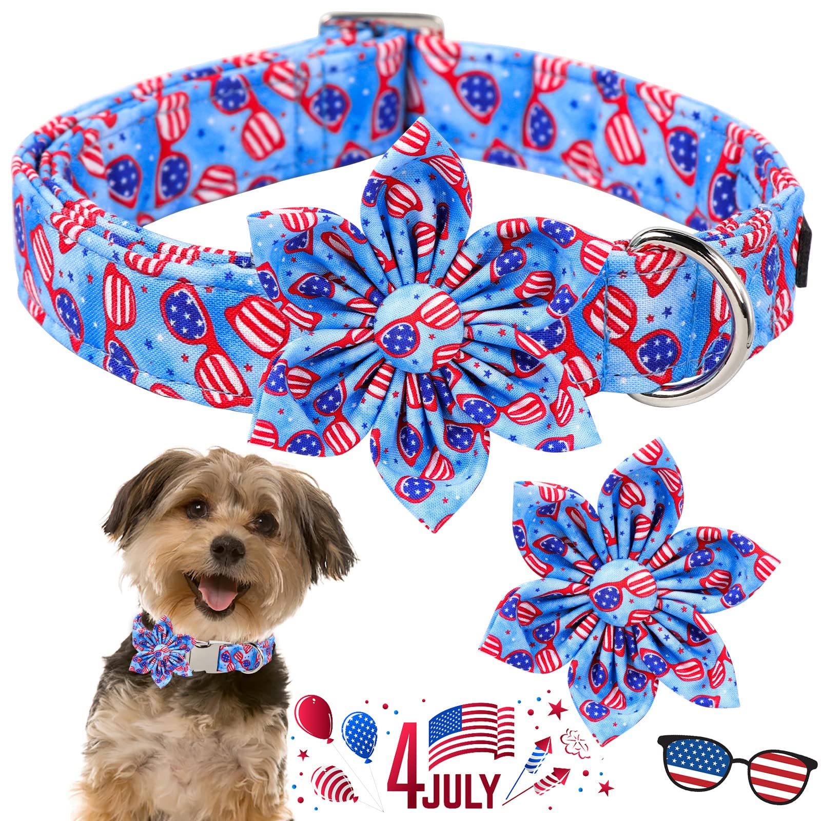 Aring Pet American Flag Dog Collar-Adorable Summer Patriotic Dog Collar With Flower, Adjustable Fourth Of July Dog Collars With