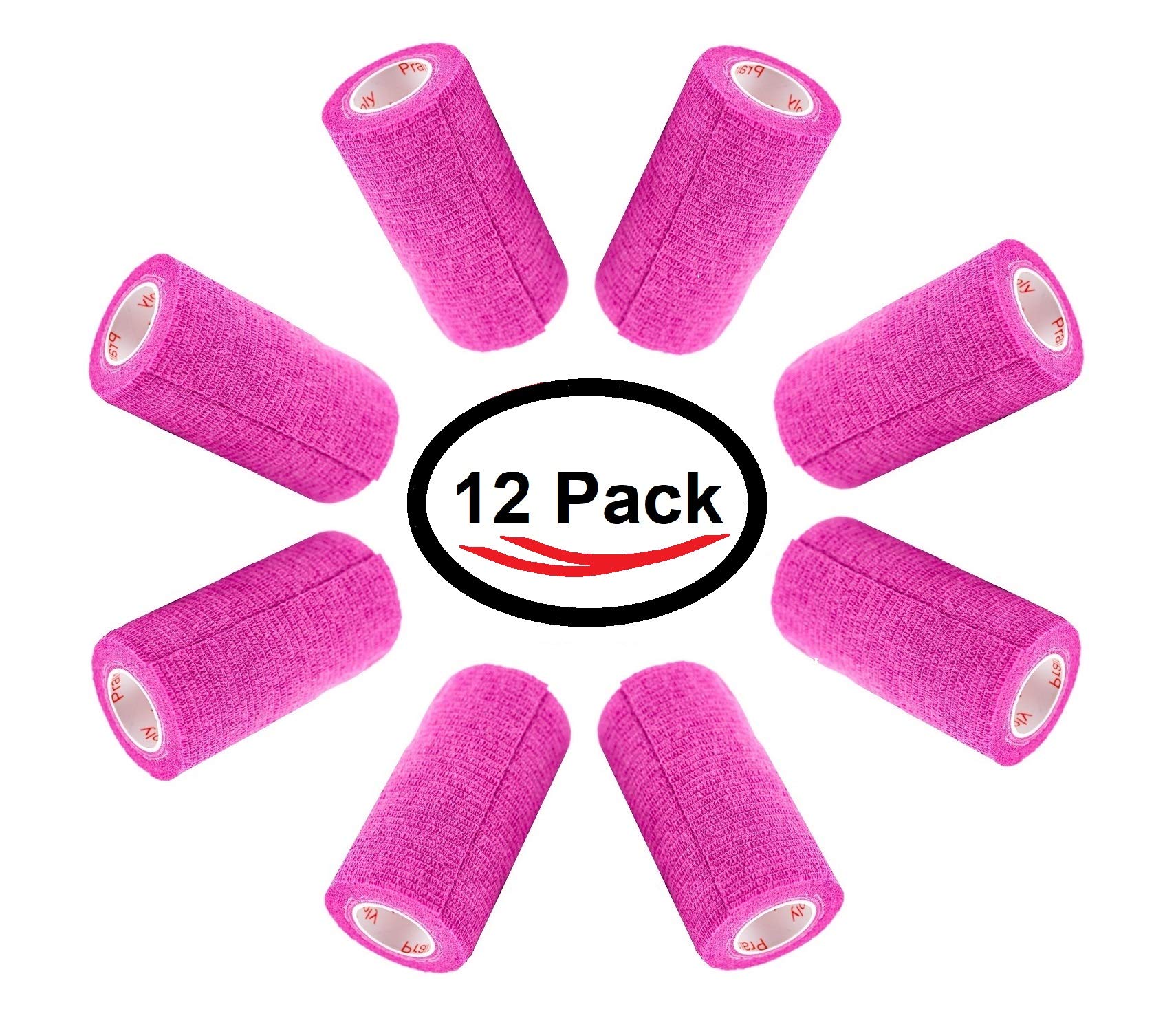 3 Inch Vet Wrap Tape Bulk (Fuchsia) (Pack of 12) Self Adhesive Adherent Adhering Flex Bandage Grip Roll for Dog Cat Pet Horse