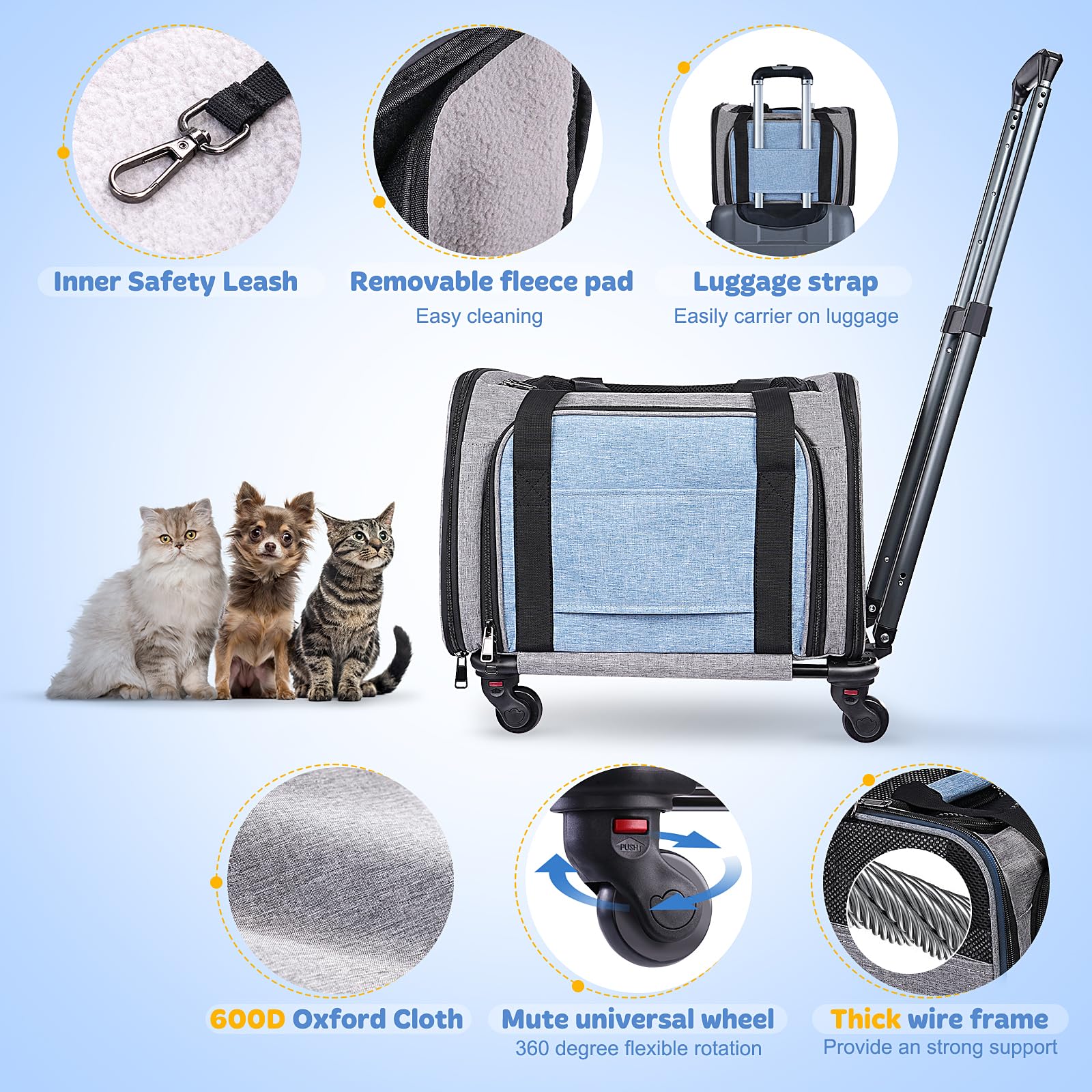 Pet Carrier With Wheels For Cat And Small Dogs: Expandable Airline Approved Rolling Cat Carrier - Cat Carrier Soft For Pets Unde