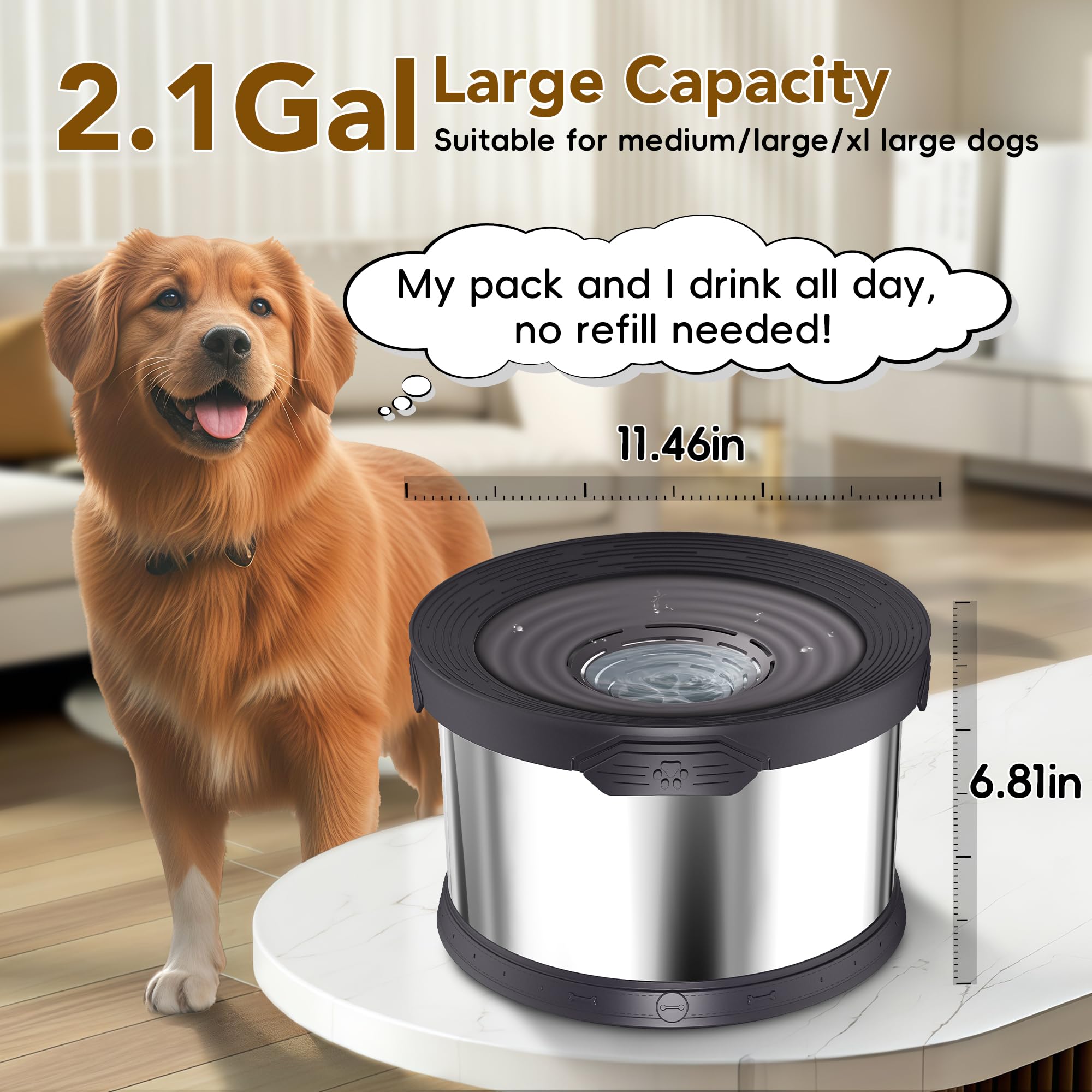 Upsky Dog Water Bowl No Spill 8L Stainless Steel, 2.1 Gallon Large Capacity Spill-Proof Dog Bowls, Non-Slip Slow Drinking Anti-S