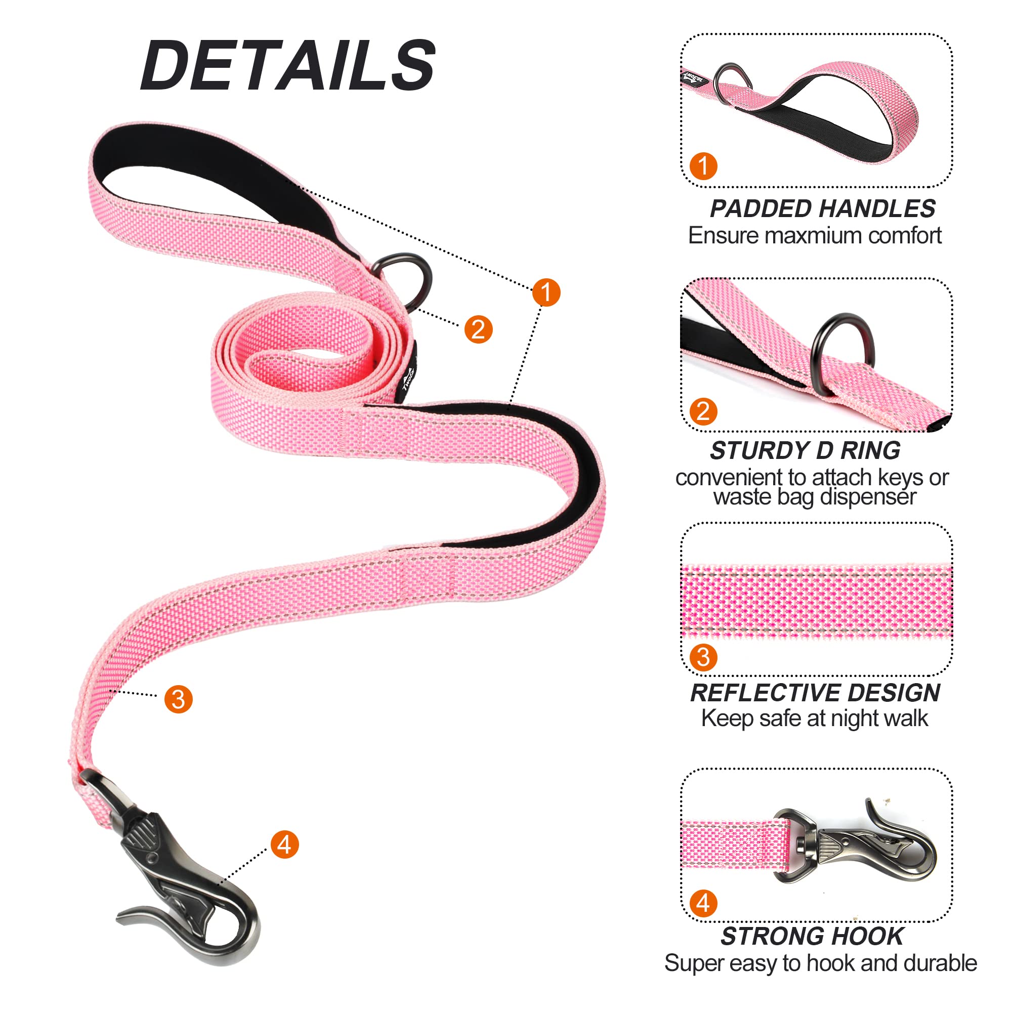 Twoear 6Ft 1In Strong Pink Dog Leash With 2 Padded Handles, Traffic Handle Extra Control, Comfortable Soft Dual Handle, Auto Lock Hook, Reflective Walking Lead For Small Medium And Large Dogs