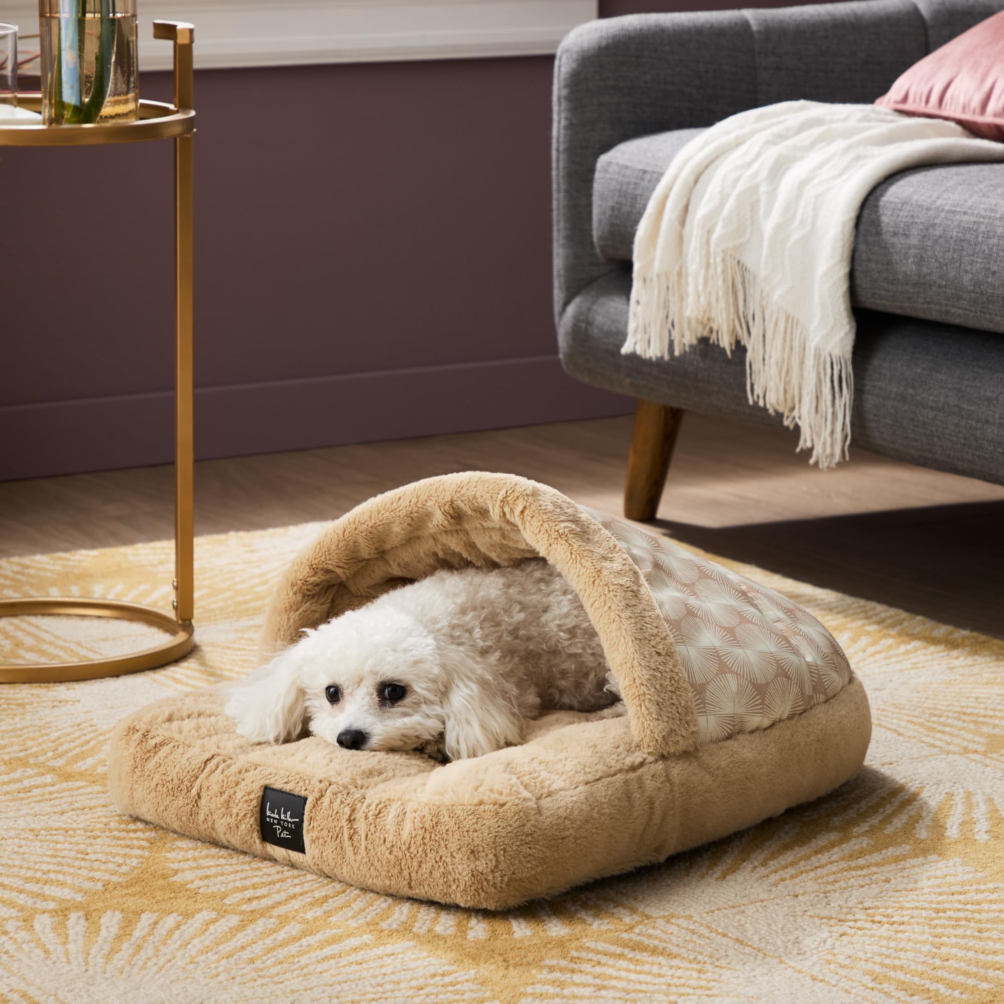 Nicole Miller New York Pet Kendall Fluted Geo Cozy Slipper Cave Pet Bed, Cozy & Calming, Non-Slip Bottom, Machine Washable, Taup