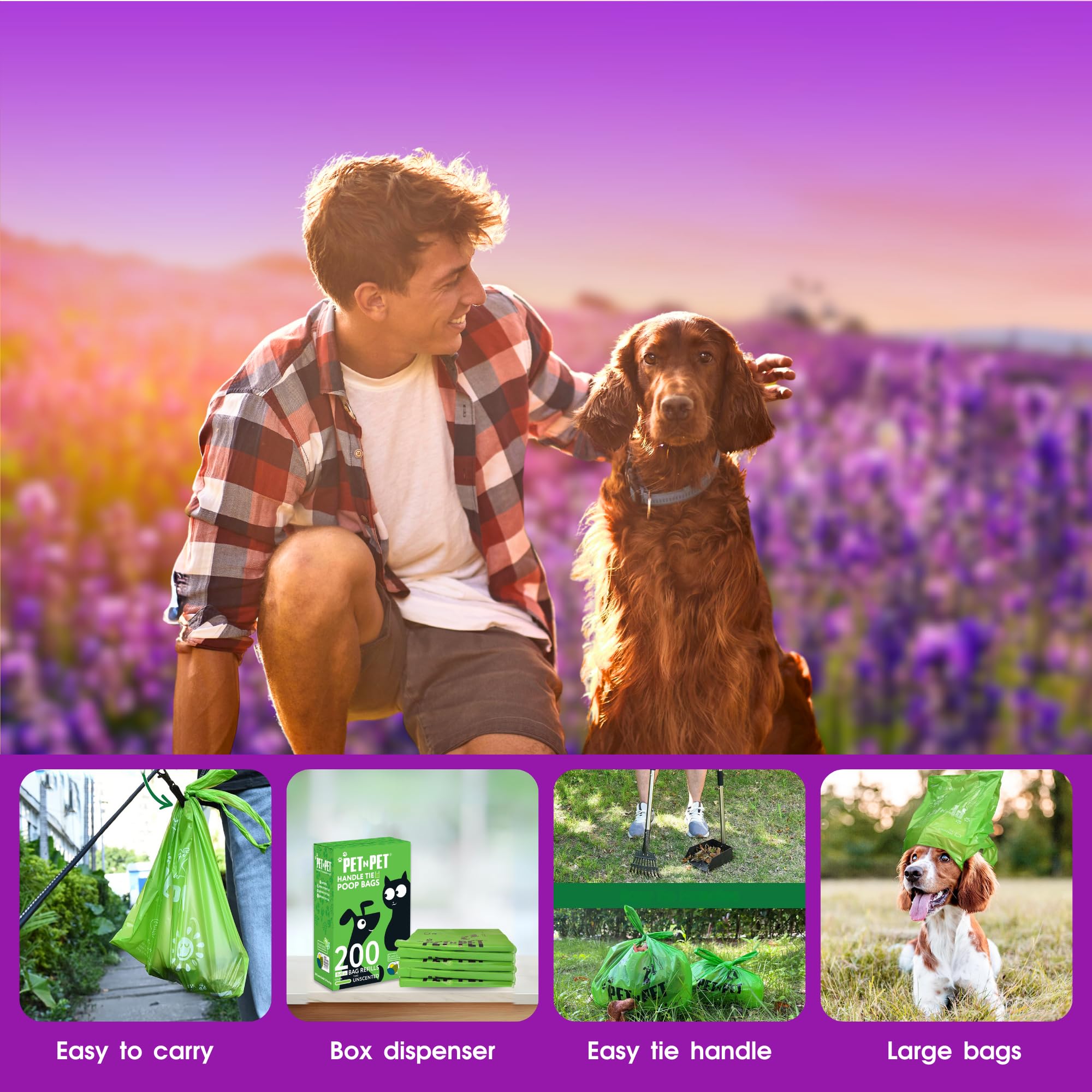 Pet N Pet Dog Poop Bag Scented, Lavender Dog Poop Bags Refills, Dog Bags For Poop With Tie Handles, 200 Counts Dog Waste Bags Usda Certified 38% Biobased Doggie Poop Bags
