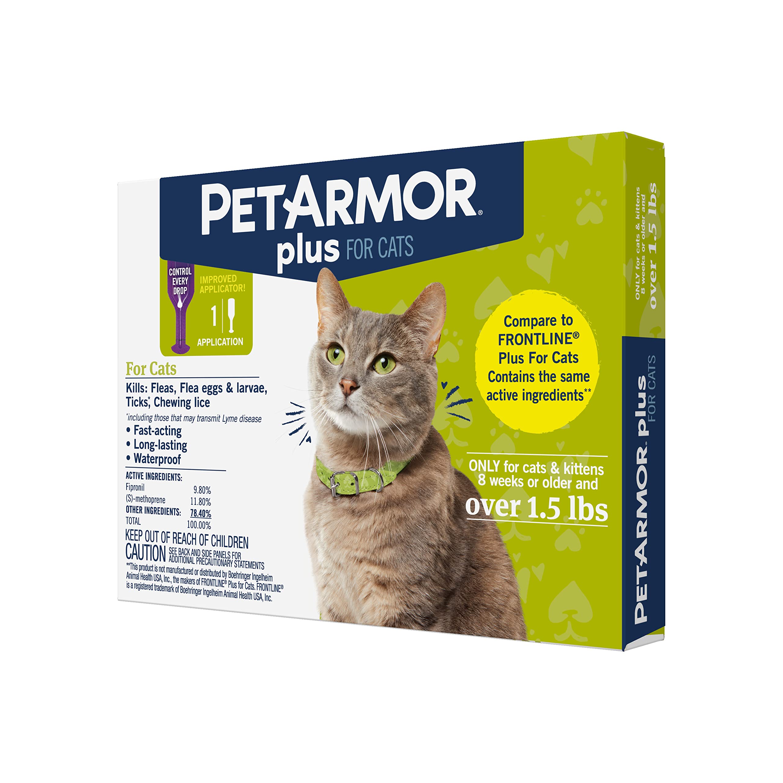 Petarmor Plus Flea & Tick Prevention For Cats Over 1.5 Lbs, Waterproof Topical, Fast Acting & Long Lasting, Compare To Leading B