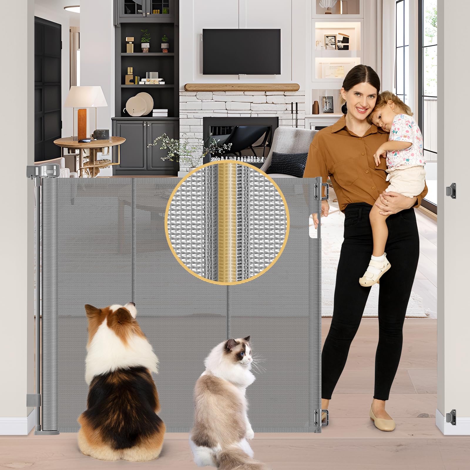 Reinforced 42 Extra Tall Baby Gate 55 Wide Retractable Dog Gate with Support Rods - Bottom Anti-Escape, Extra Tall Pet Gate Indo