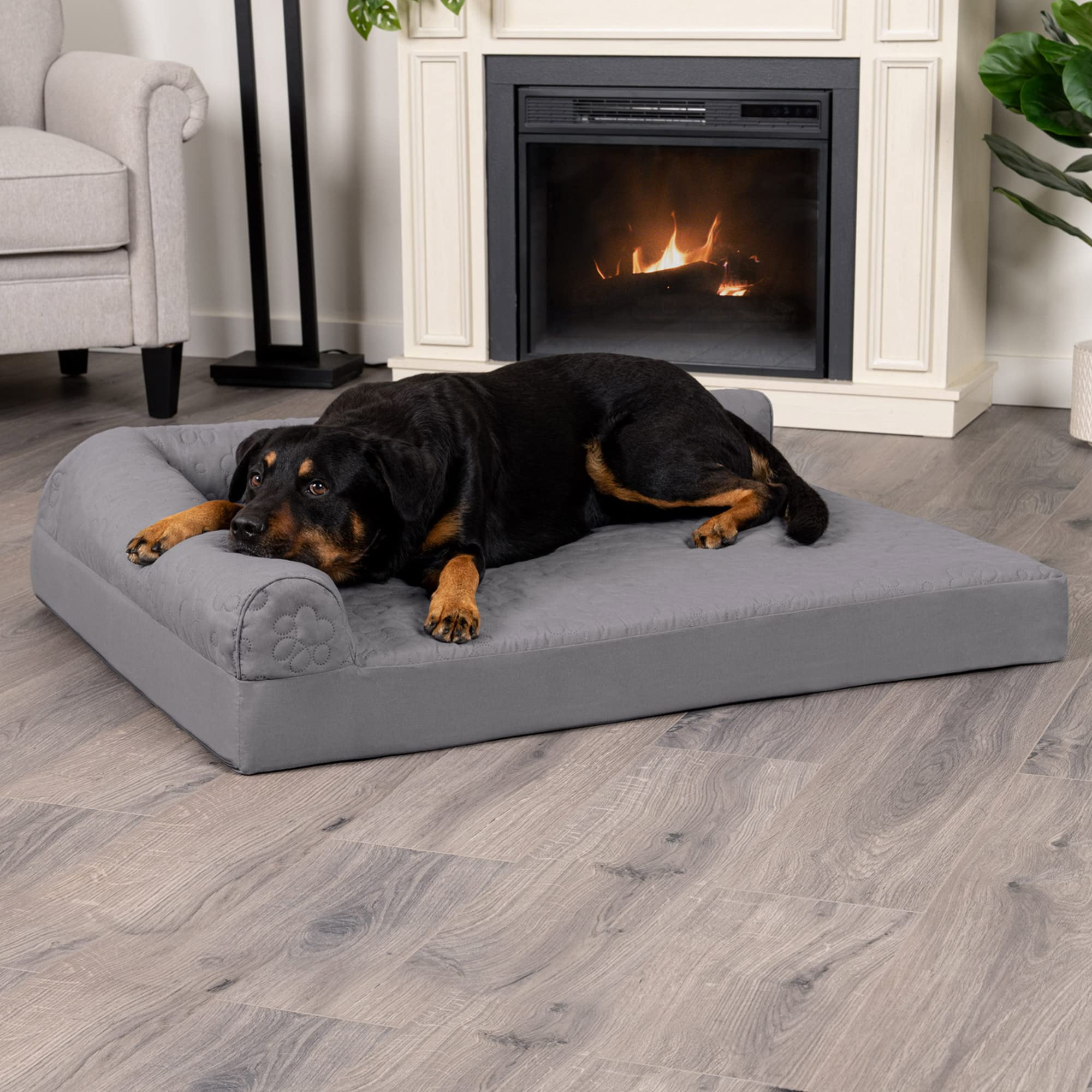 Furhaven Orthopedic Dog Bed For Large Dogs W/ Removable Bolsters & Washable Cover, For Dogs Up To 95 Lbs - Pinsonic Quilted Paw L Shaped Chaise - Titanium, Jumbo/Xl