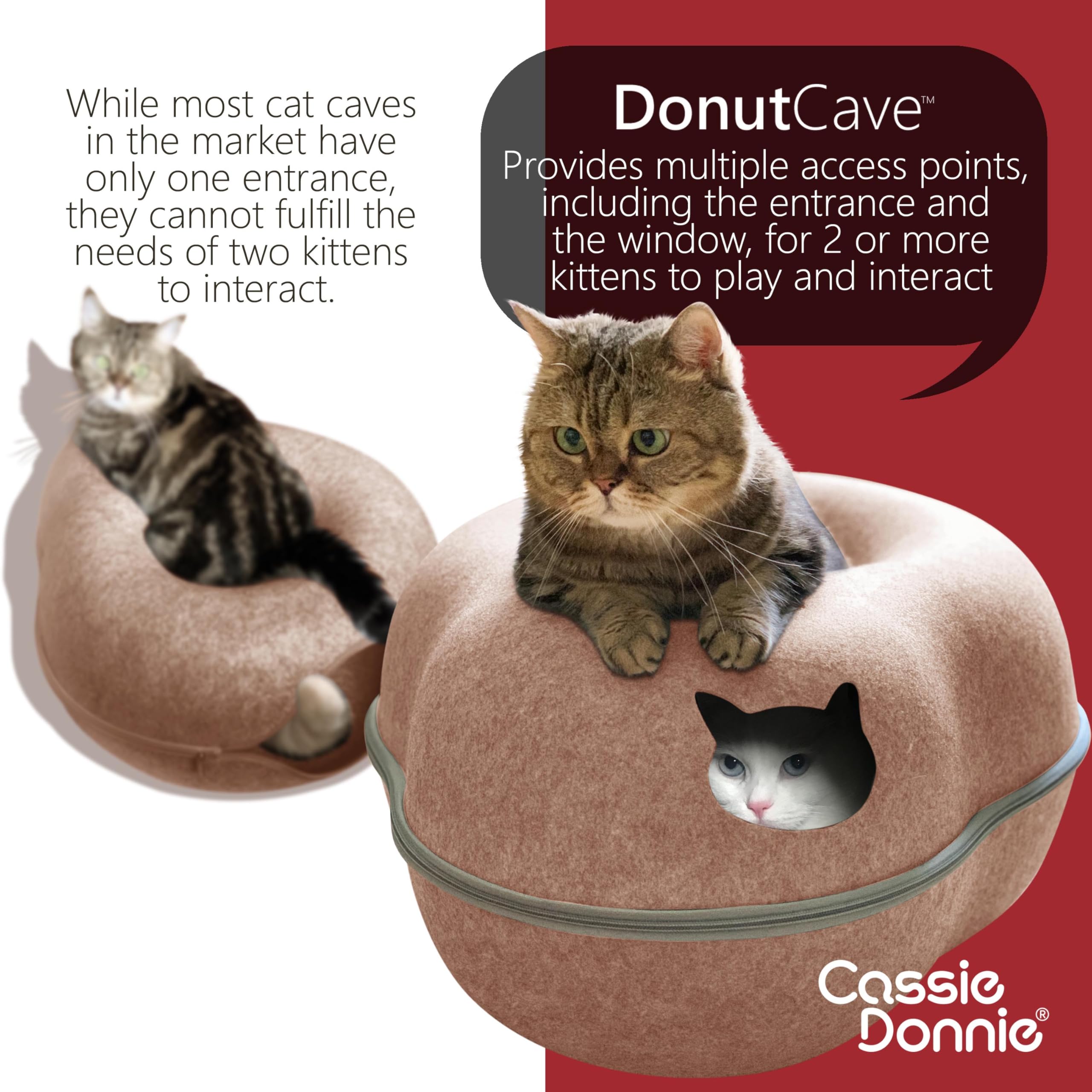 Cat Tunnel Bed For Indoor Cats, Medium Large, Donut Cave House Up To 22 Lbs, Spacious For 2 Kittens (Brown)