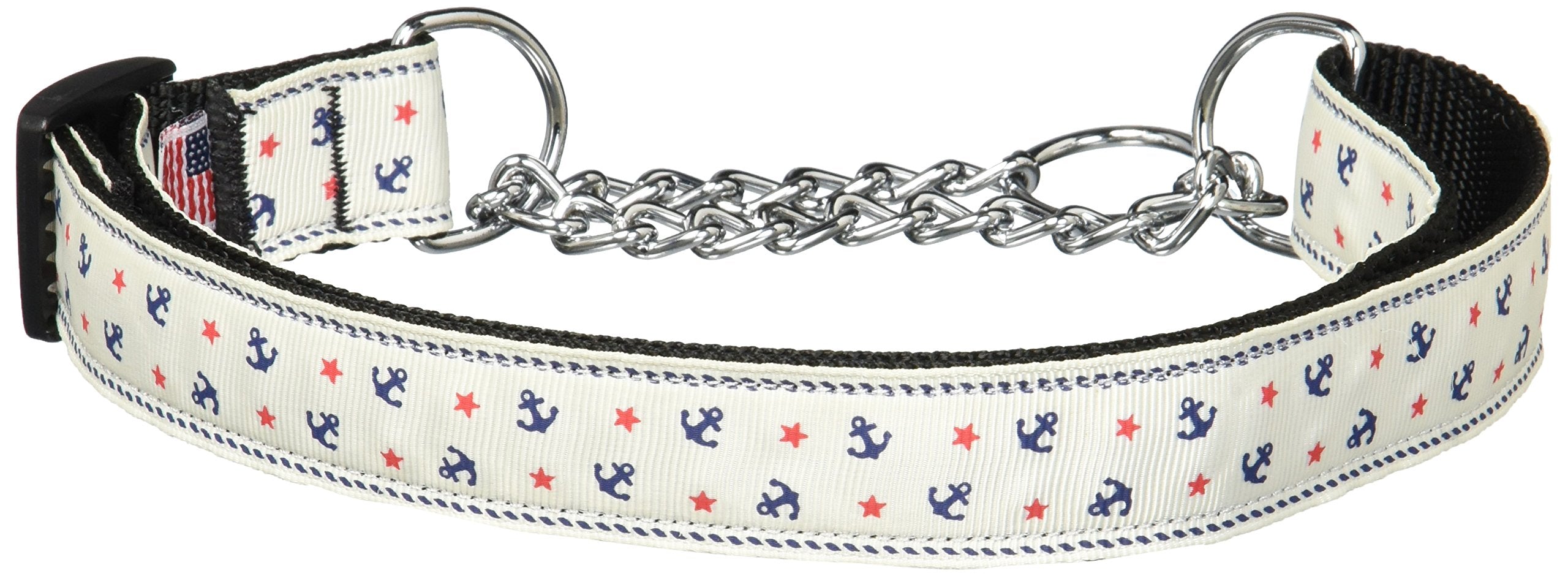 Mirage Pet Products Anchors Nylon Ribbon Martingale Collar for Pets, Large, White