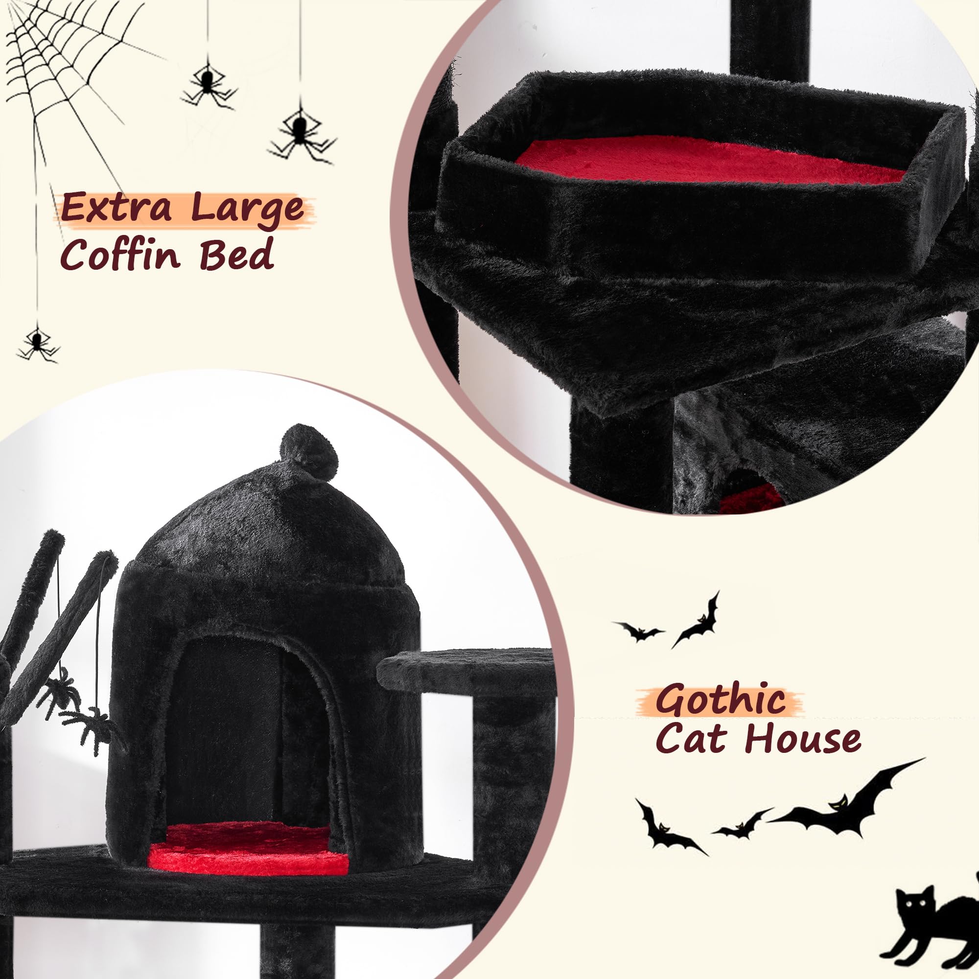 Bewishome Large Gothic Cat Tree With Coffin Bed, 63'' Multi-Level Goth Cat Tree Tower For Large Cats With Cat Condo, Scratching