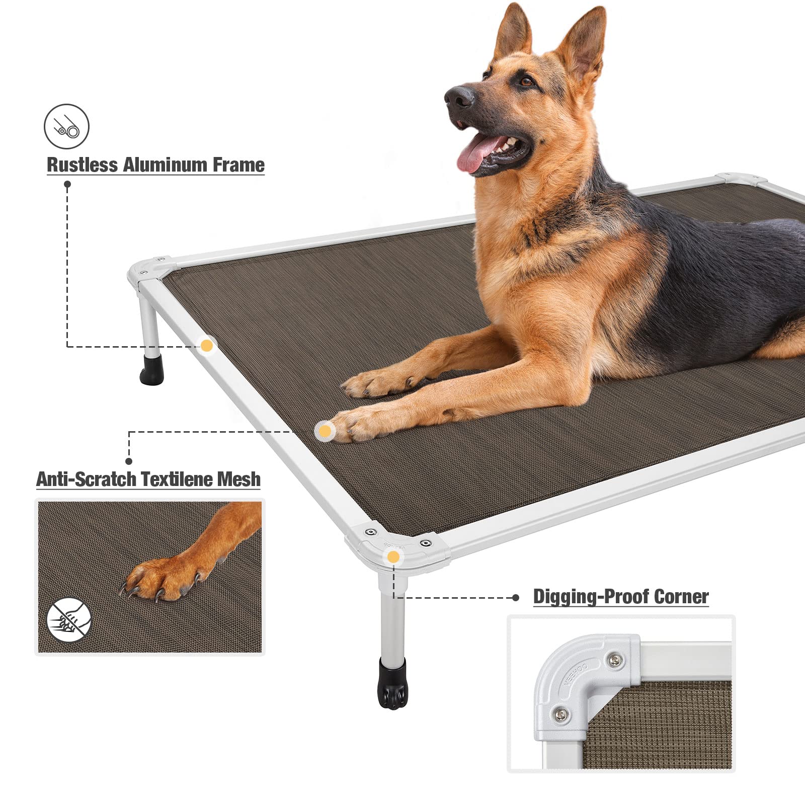 Veehoo Chew Proof Elevated Dog Bed - Cooling Raised Pet Cot - Silver Aluminum Frame And Durable Teslin Mesh Fabric, Unique Desig