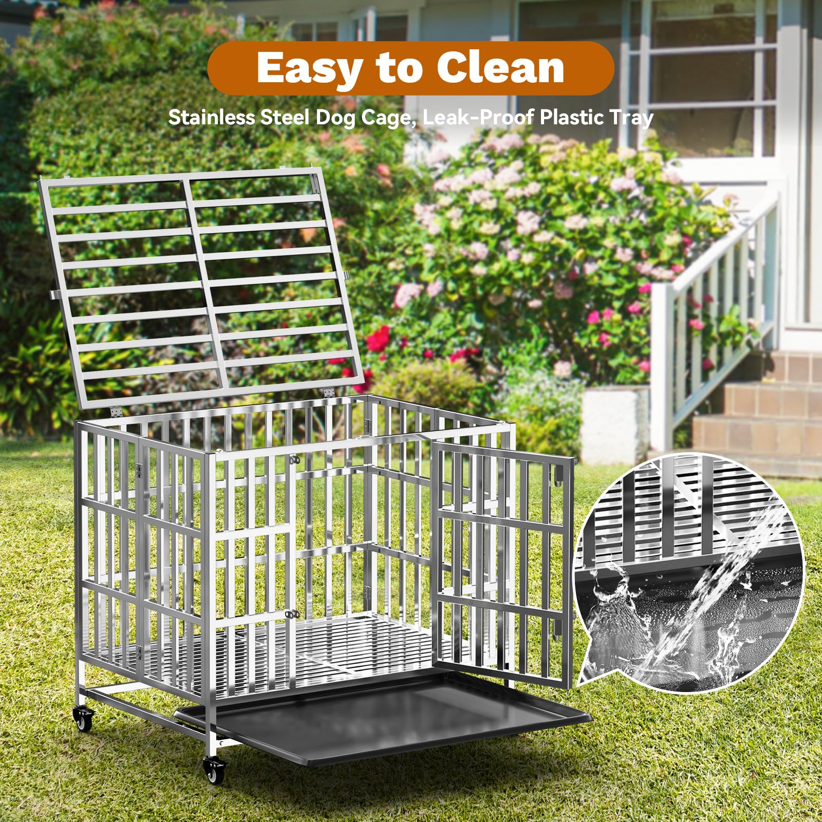 Holiwei 37 Heavy Duty Dog Crates for Large Dogs, Upgraded 4 Lockable Wheels, Stainless Steel Kennel Dog Kennel Indoor, Max Load