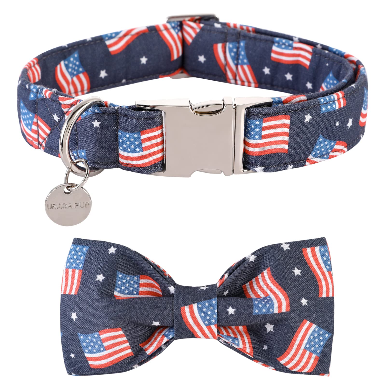 Up Urara Pup American Flag Dog Collar With Bow Tie, 4Th Of July Comfortable Cotton Cute Dog Collar With Metal Buckle, Patriotic 