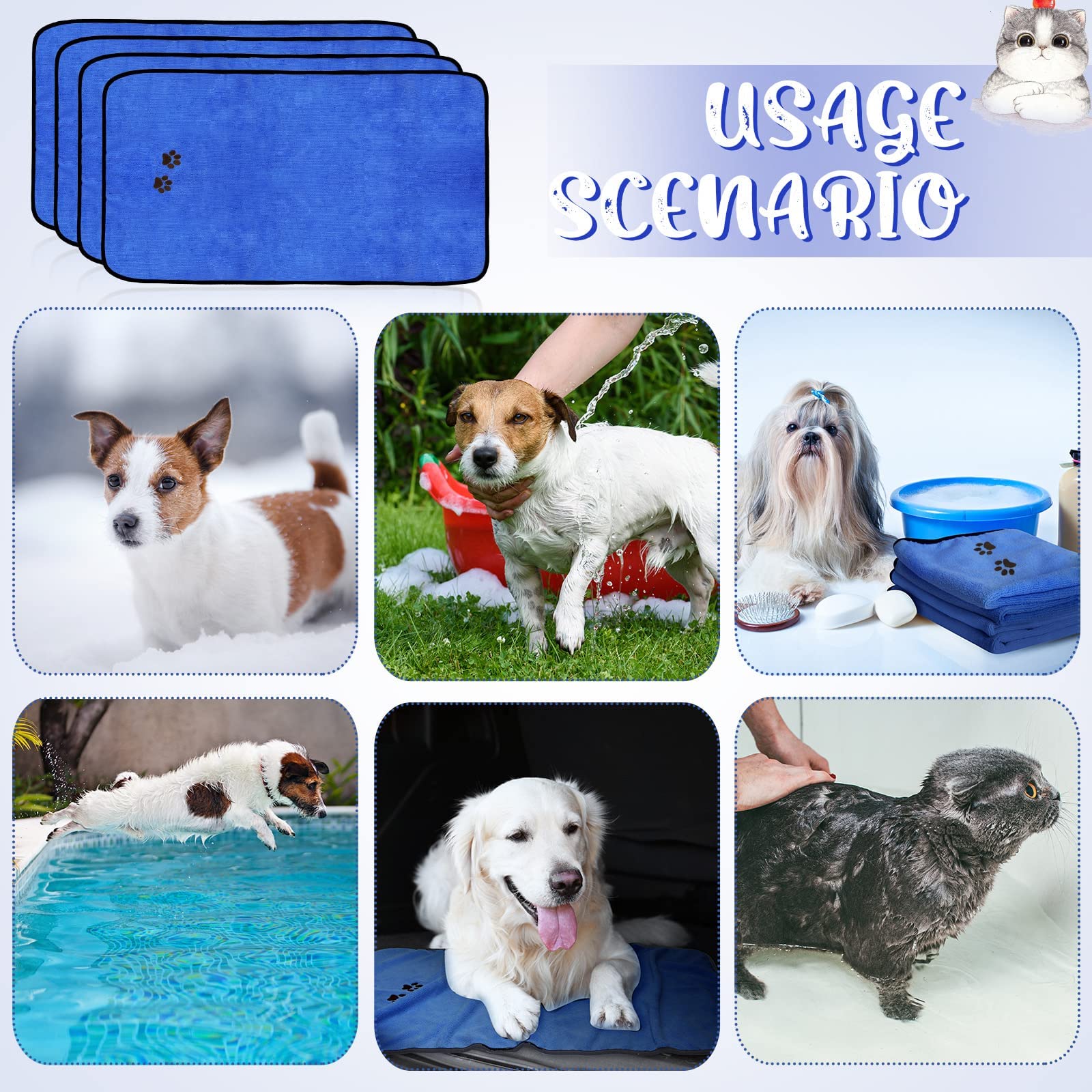 Tegeme 4 Pack Microfiber Dog Towels - Soft, Absorbent Pet Bath Towels for Dogs & Cats, Deep Blue, 35 x 20 Inch, Grooming & Drying