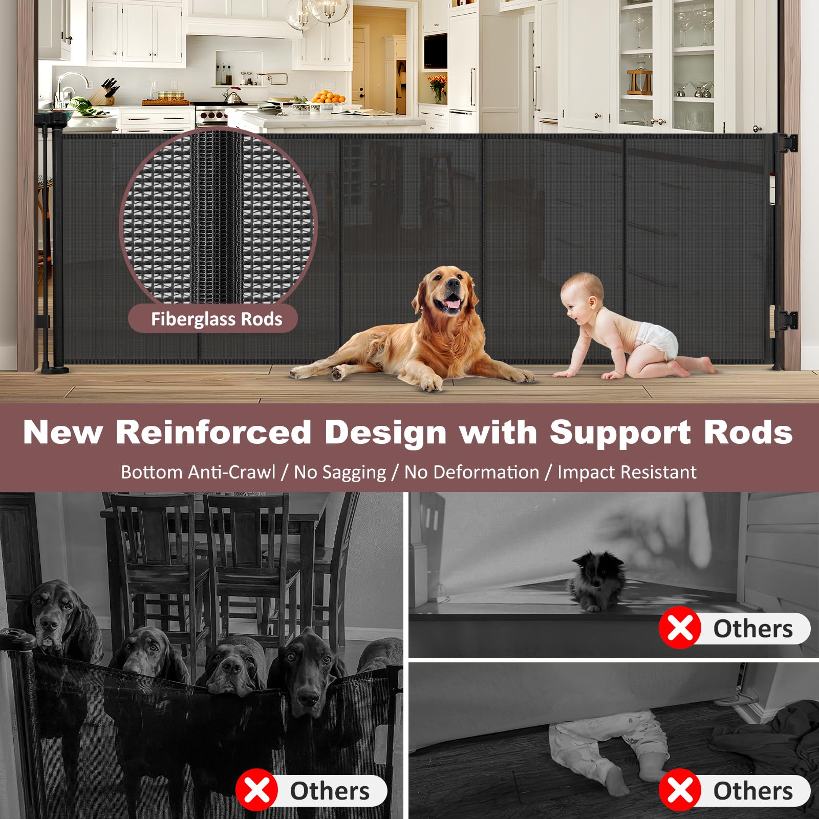 Reinforced 41'' Extra Tall Retractable Baby Gates Extra Wide 100'' Retractable Dog Gate with Support Rods, Indoor Extra Long Bab