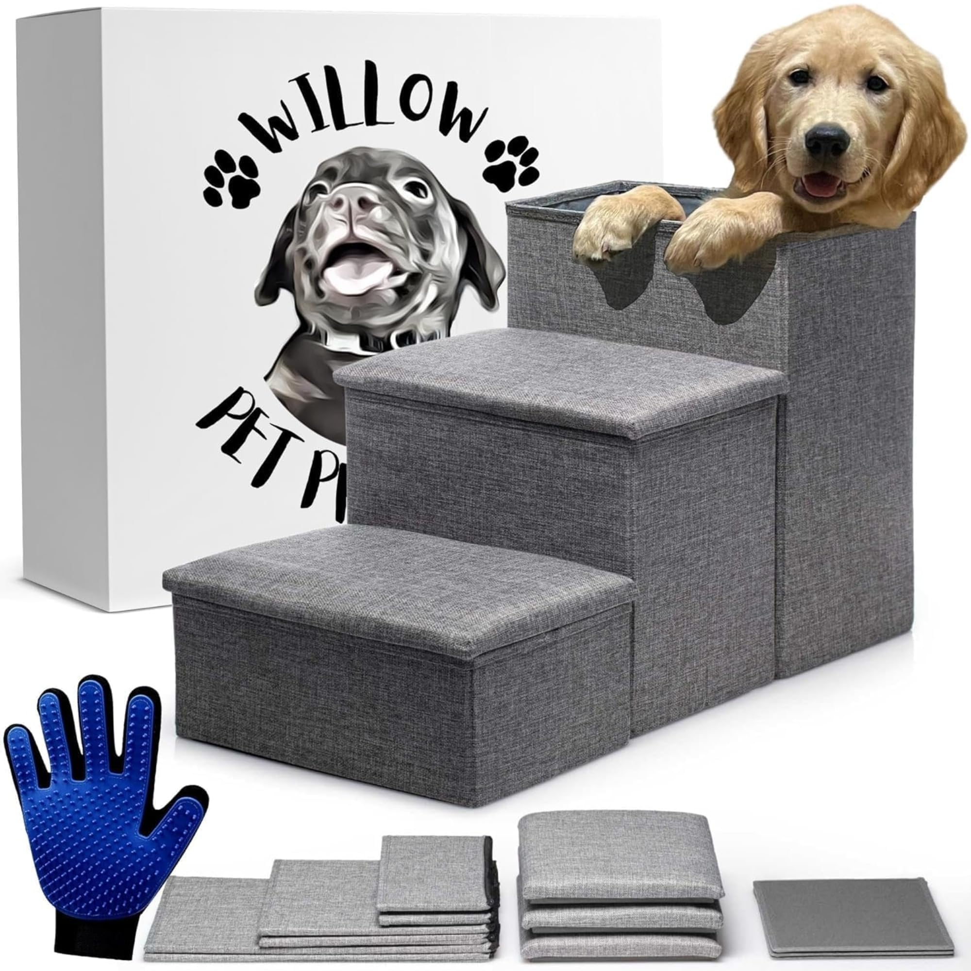 24-Inch Dog Stairs For High Beds Up To 32-Inch- Foldable For Large Dogs W/Storage- Tall Pet Stairs For High Beds