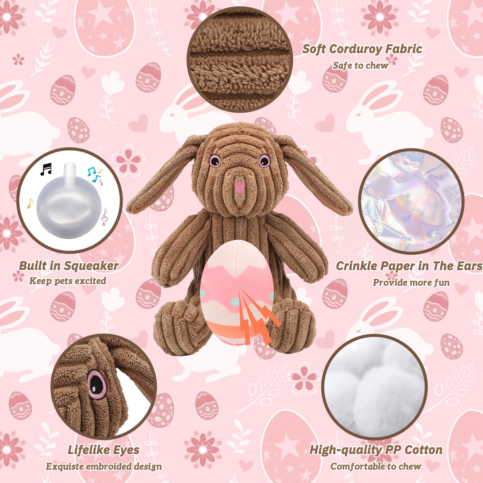 Yuepet Easter Bunny Dog Toys, Squeaky Dog Chew Toys For Cleaning Teeth, Stuffed Easter Egg Toy For Puppies Small Medium Dogs(Pin
