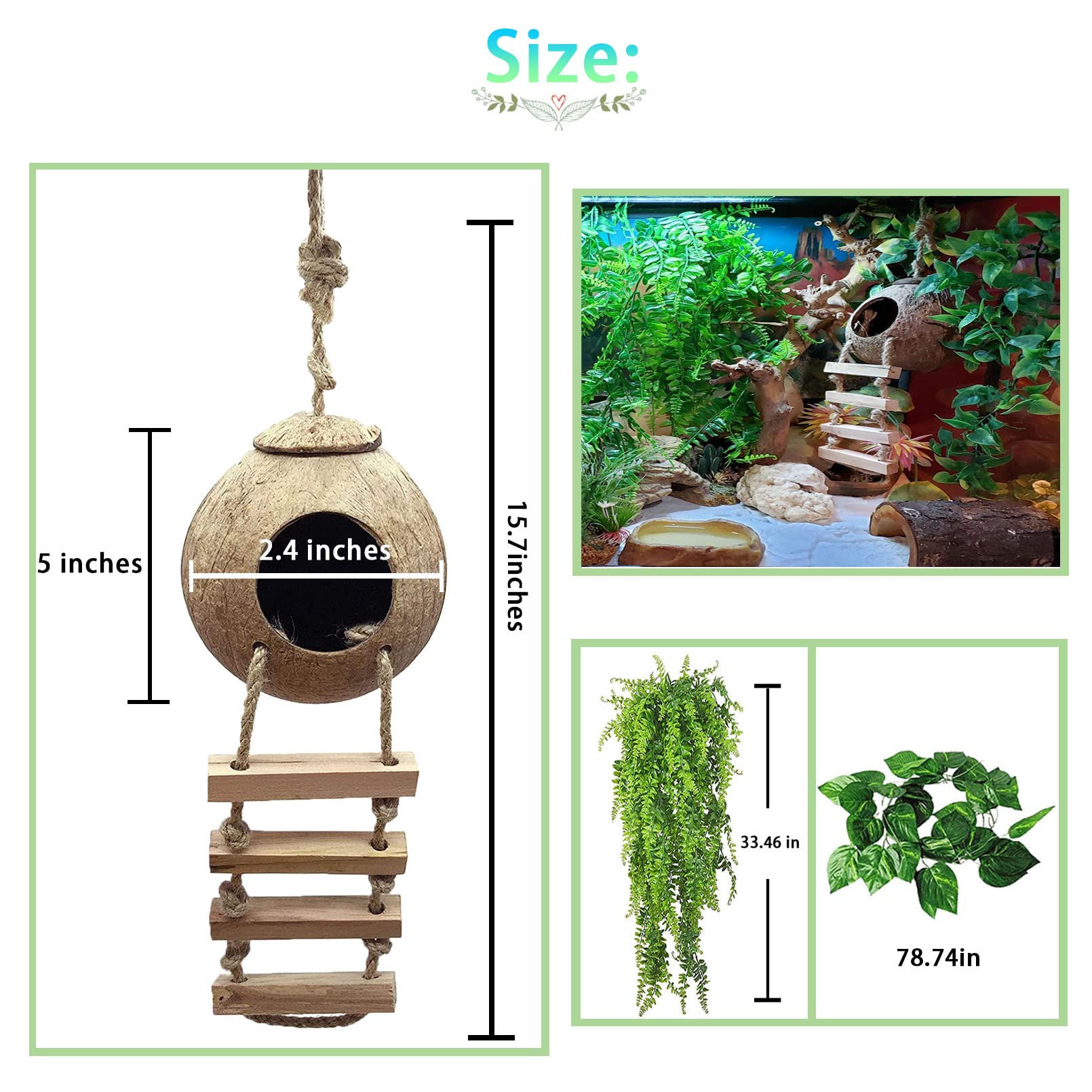 kathson Leopard Gecko Coconut Husk Hut Reptile Habitat Accessories Hideout Hole Climbing Ladder Bendable Hanging Plants Sleeping