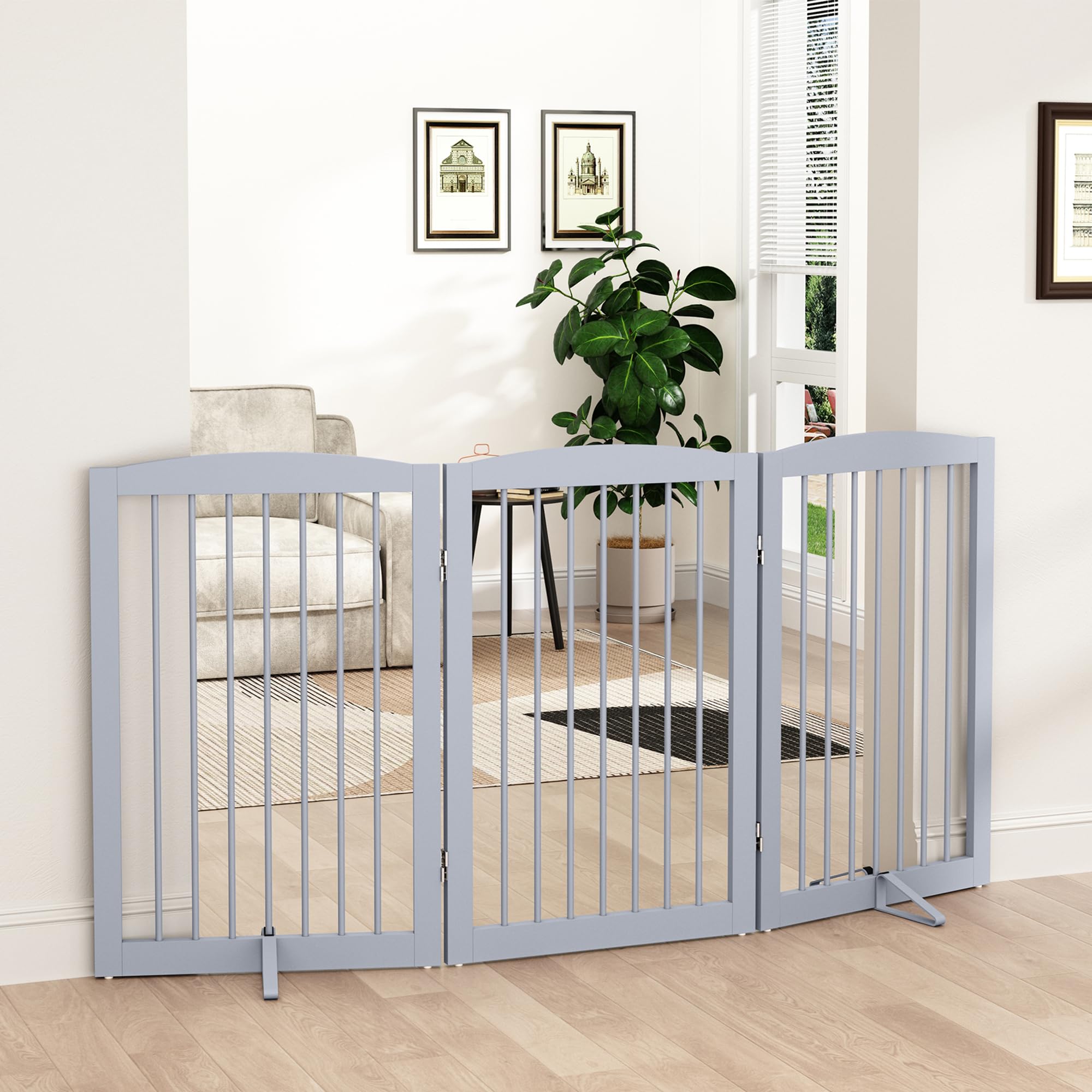 Pupetpo Freestanding Pet Gate For Dogs, Foldable Wooden Dog Gate For House Indoor, Tall Dog Gate For Stair, Doorway,Hall, Step Over Pet Puppy Safety Fence, 3 Panels 32' ,Grey