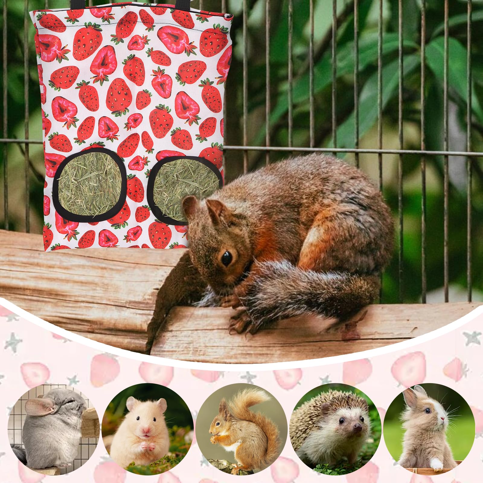 Abtols 2Pcs Rabbit Hay Feeder Bags, Hanging 2 Hole Hay Feeder For Guinea Pigs Chinchillas Hamsters Red Green Strawberry Avocado