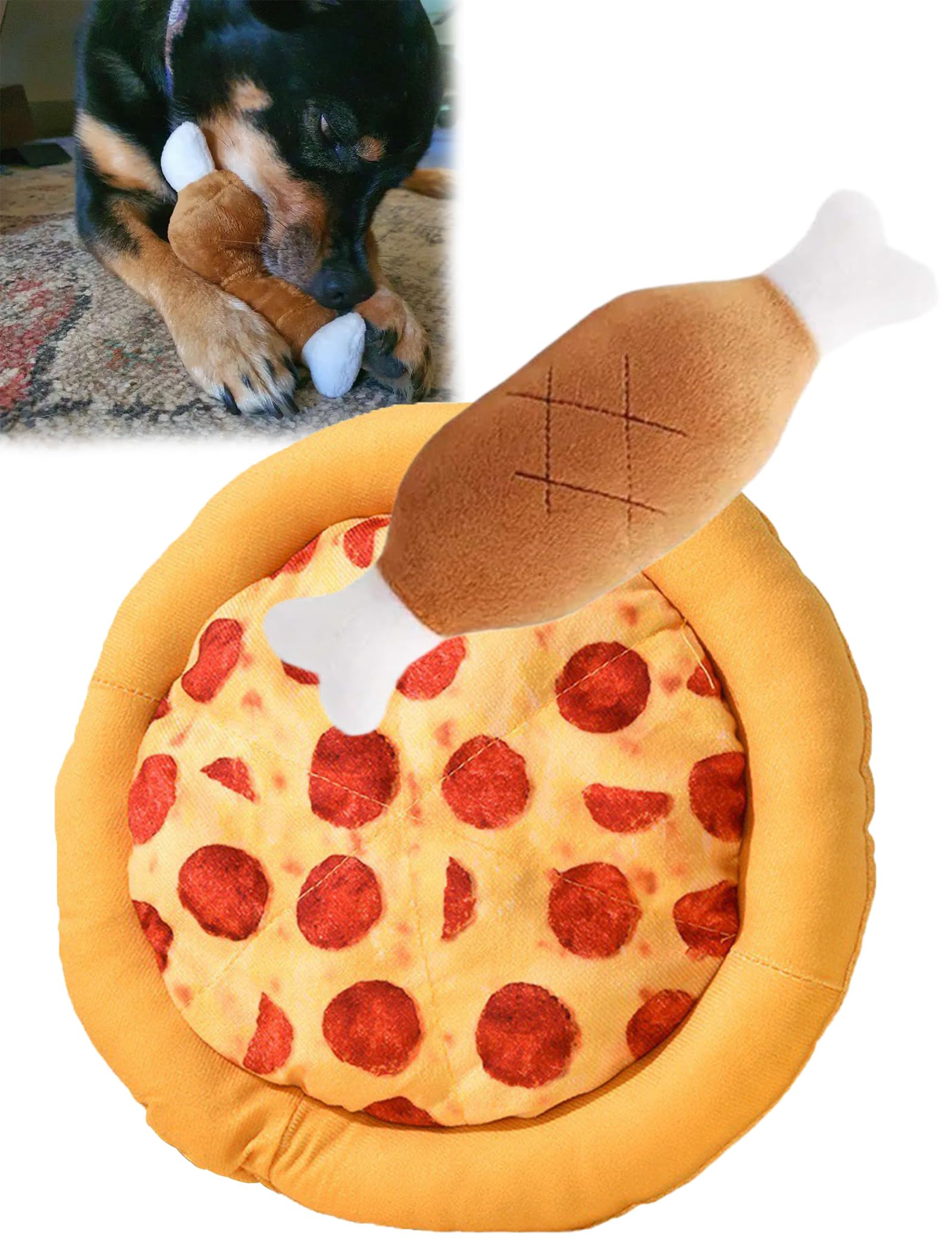 Diyuqishi 2-Pack Puppy Chew Toys - Cute Squeaky Pizza & Bone For Teething Small Dogs, Soft & Sturdy Playtime Fun (7.4'' - 9.5'',