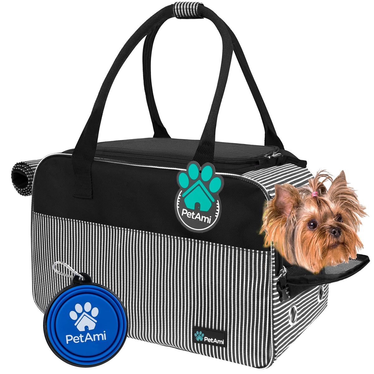 Petami Dog Purse Carrier For Small Dogs, Airline Approved Soft Sided Pet Carrier With Pockets, Ventilated Dog Carrying Bag For Puppy Cat, Dog Travel Supplies Bag, Sherpa Bed, Max 12 Lbs, Stripe Black