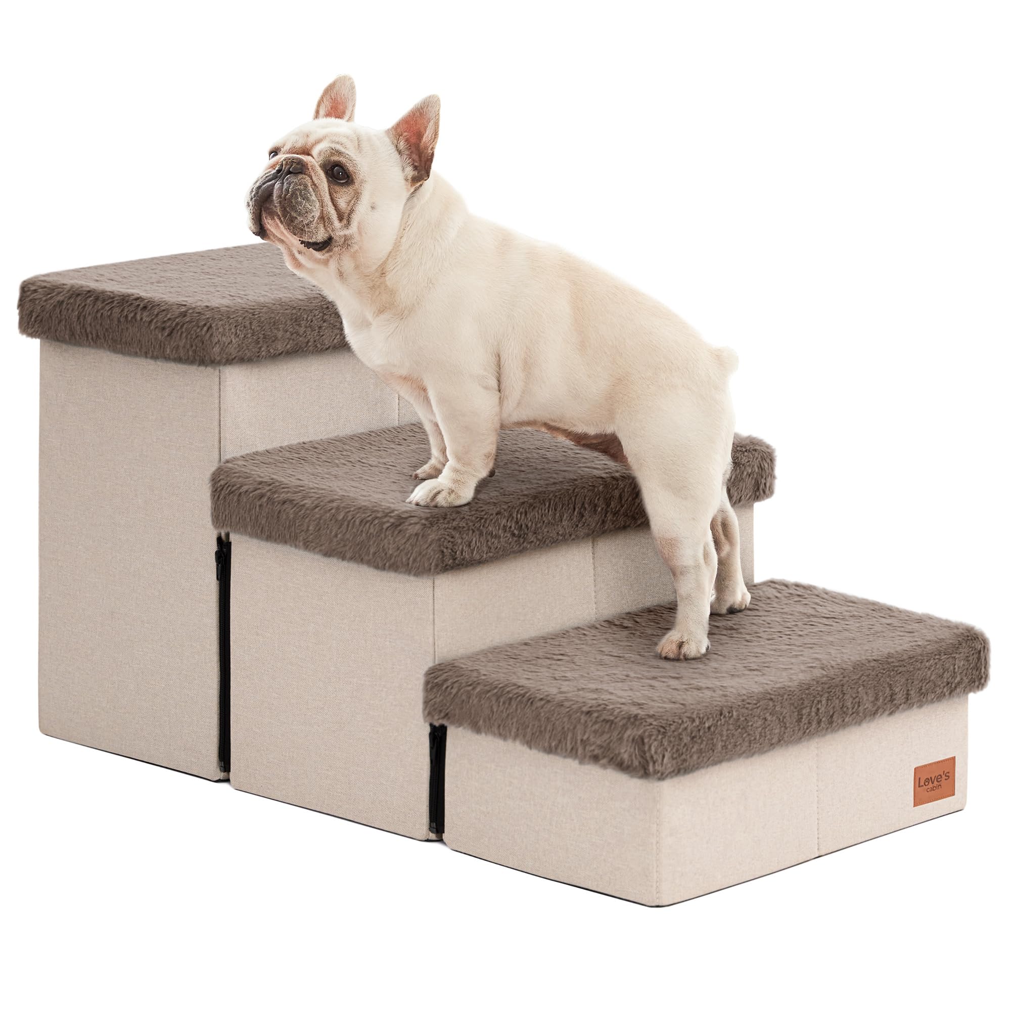 Loves cabin Dog Stairs for High Bed 18 H,3 Steps with Furry Lids Pet Stairs for Small Medium Large Dogs,Foldable Cat Ramp with 