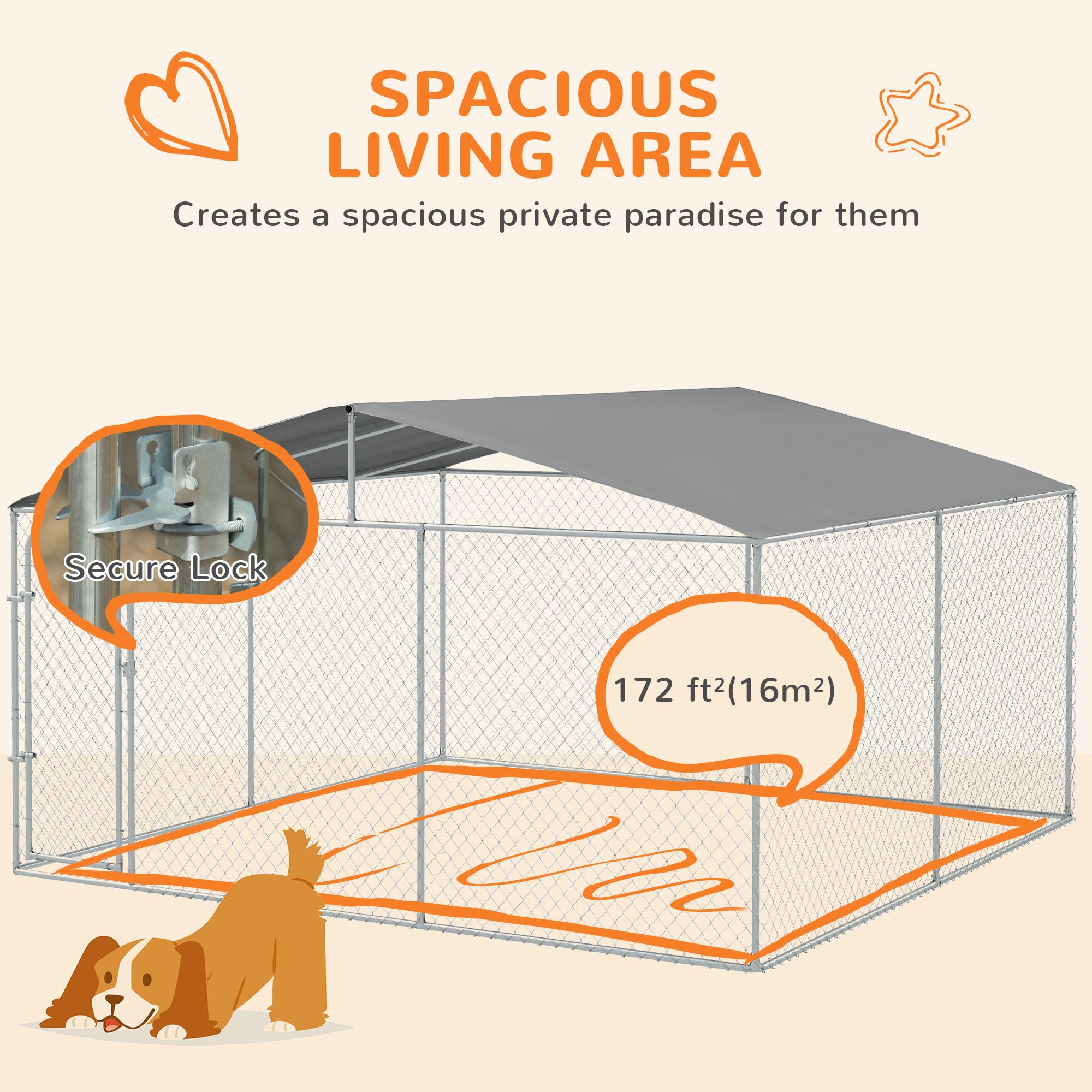 PawHut Dog Kennel Outdoor with Waterproof Canopy, Dog Run with Galvanized Chain Link, Secure Lock, for Backyard and Patio, 13 x