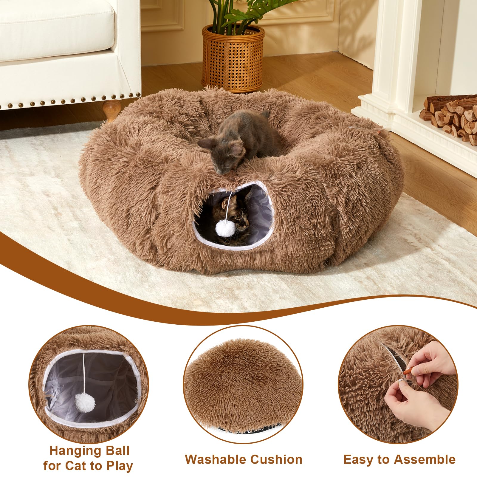 Bininl Cat Tunnel Bed For Indoor Cats Peekaboo Cave Donut With Washable Circle Cushion Interior Cat Play Tunnel (34 Inch, Brown)