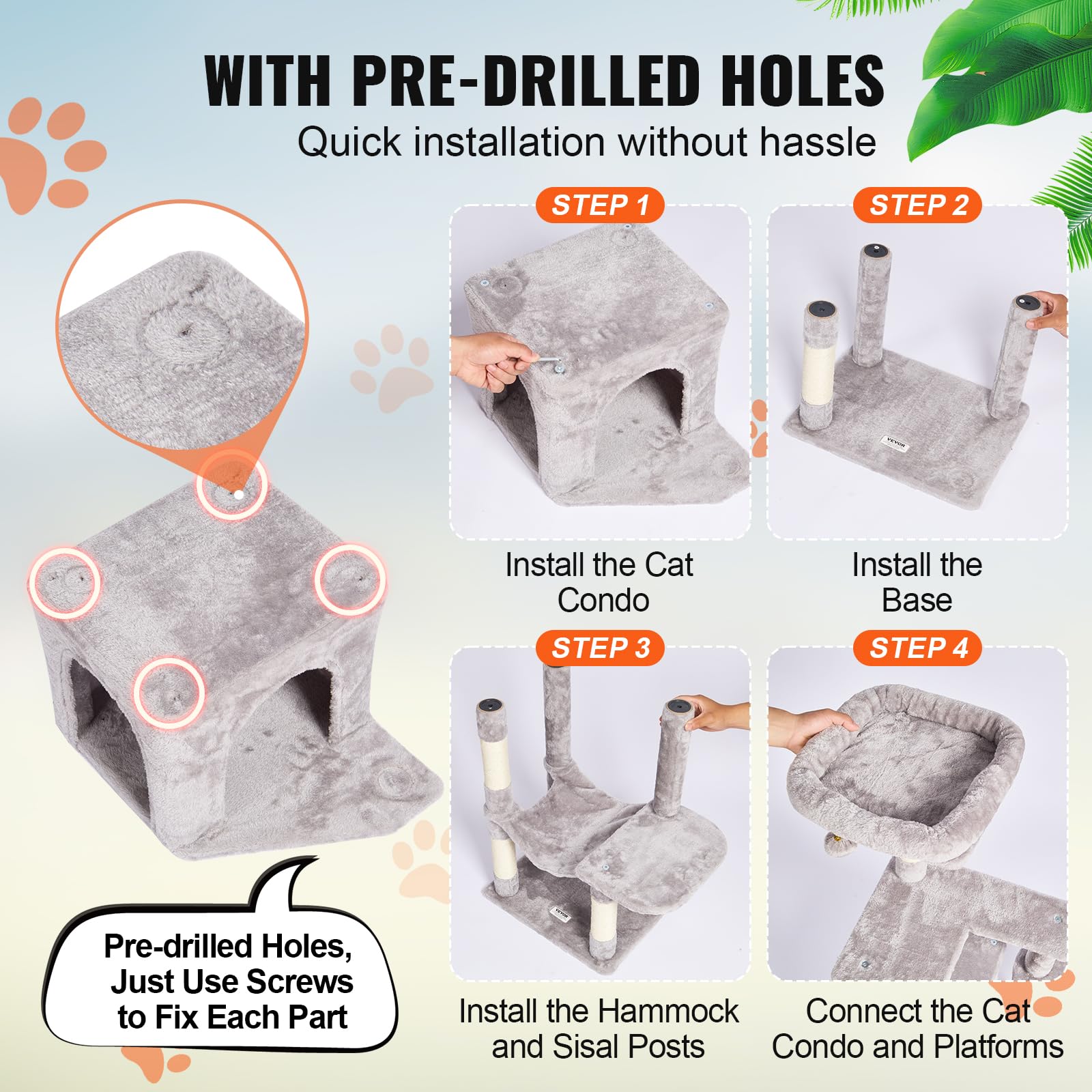 VEVOR Cat Tree 60.6 Cat Tower with Cat Condo Sisal Scratching Post Light Grey