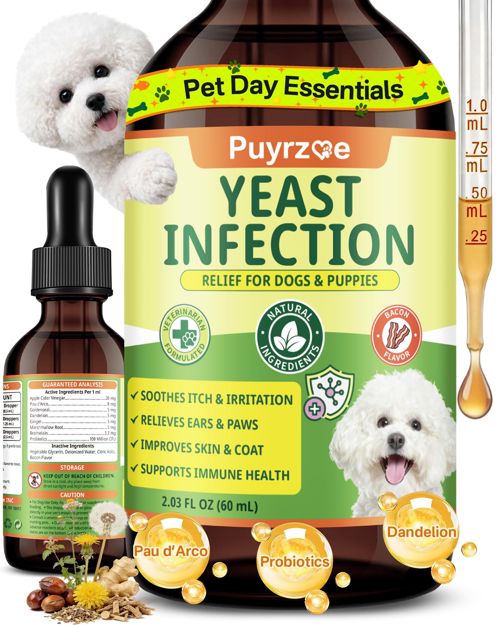 puyrzoe Natural Yeast Infection Treatment for Dogs, Itchy Ears, Skin, Paws & Allergy Relief, Yeast Treatment for Dogs, Supports 