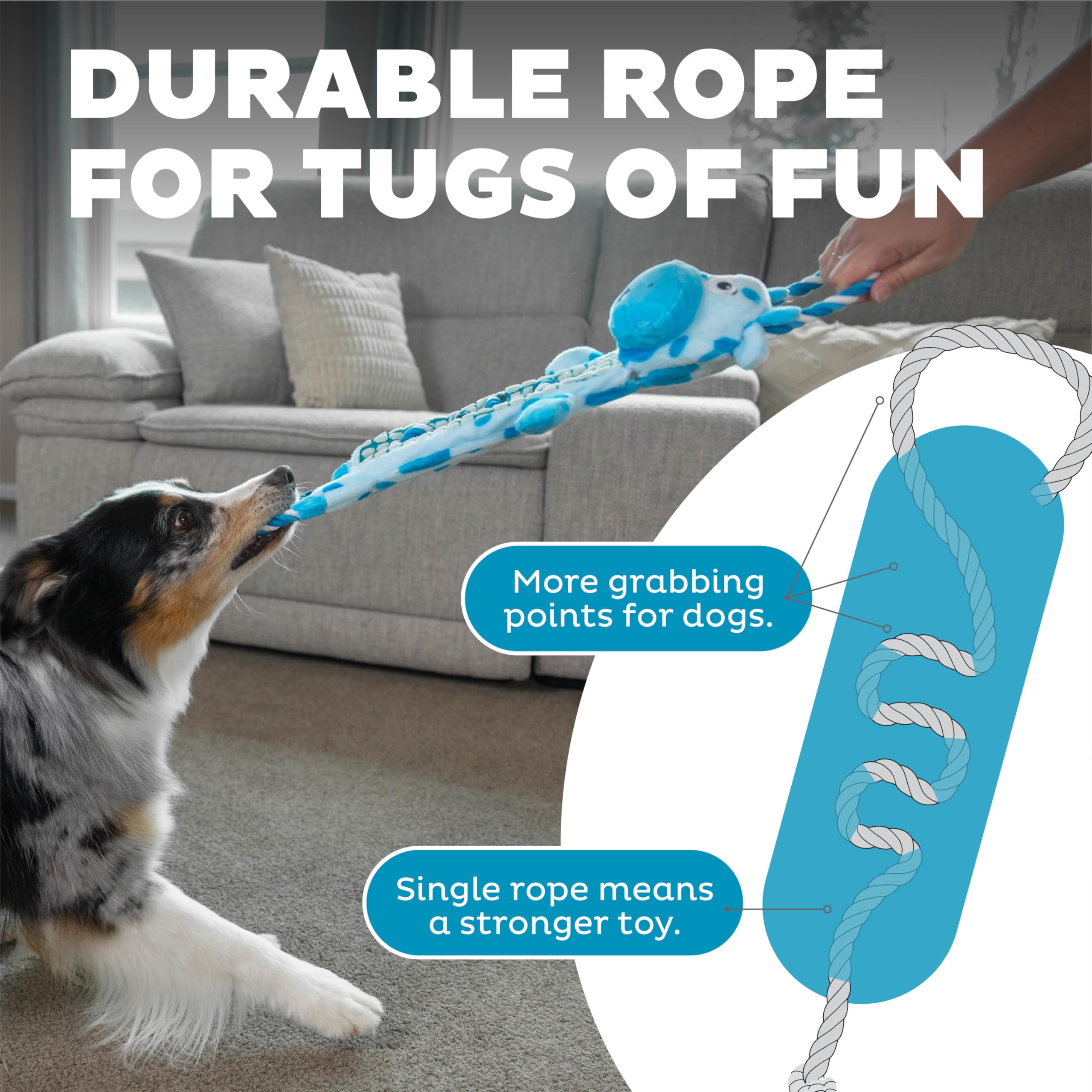 Outward Hound By Charming Pet Ropiez Rope Interactive Dog Tug Toy For Tugging Squeaky Fun, Cow, Blue