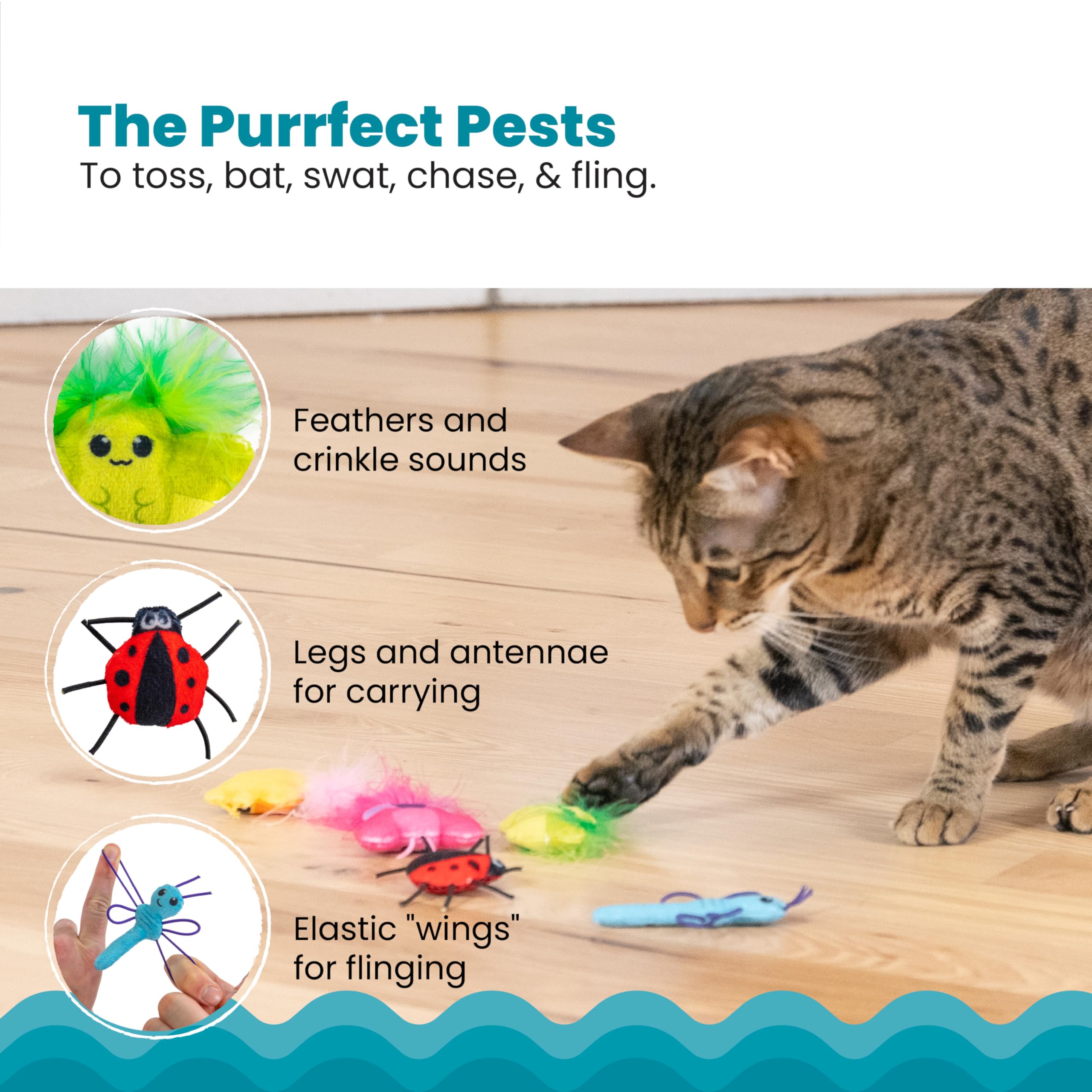 Catstages Cute As A Bug Plush Interactive Cat Toys, Bug Themed Kicker Catnip Toys With Feathers, Crinkle, Mesh, 6Pk, Small, Mult