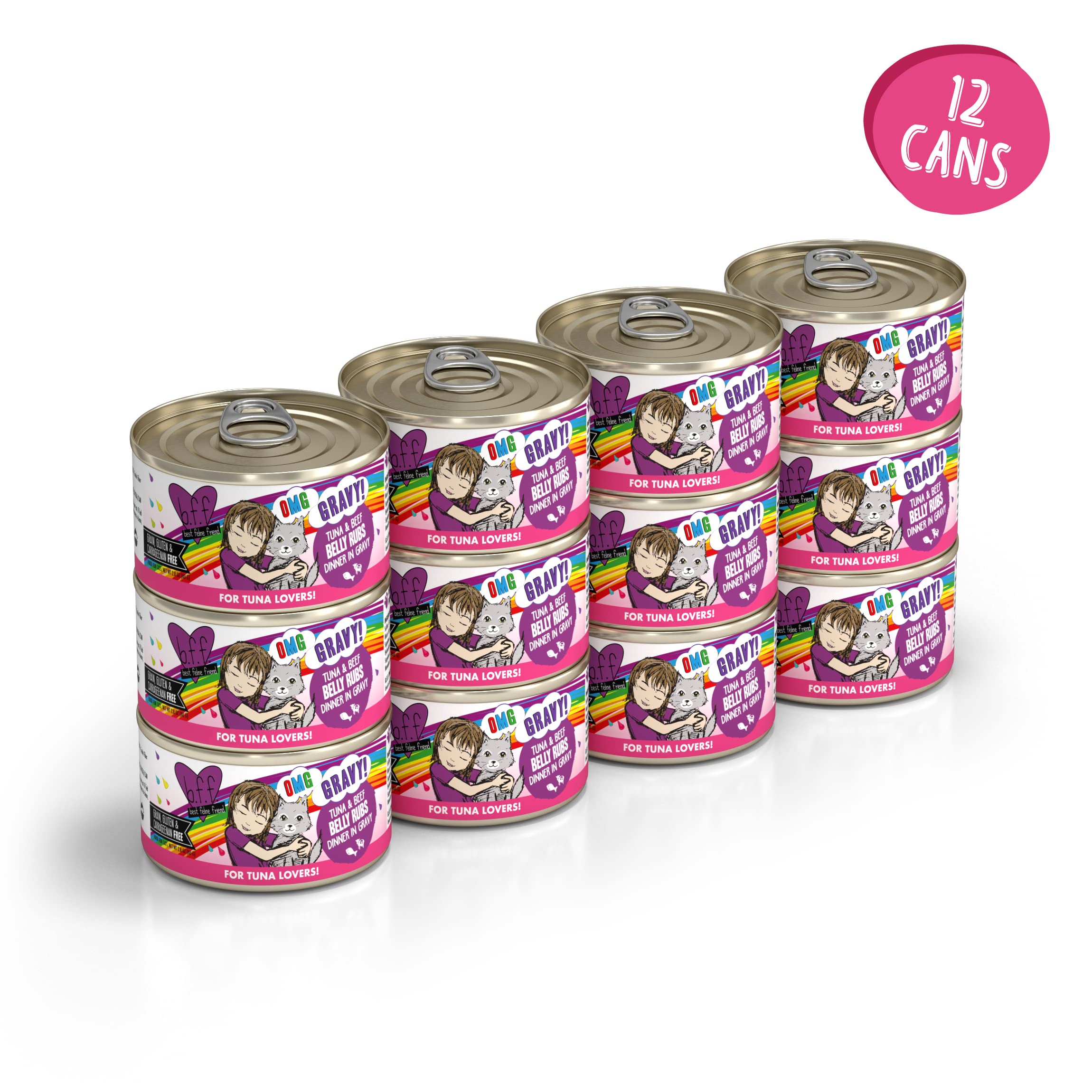B.F.F. OMG - Best Feline Friend Oh My Gravy!, Tuna & Beef Belly Rubs with Tuna & Beef, 2.8oz Can (Pack of 12)