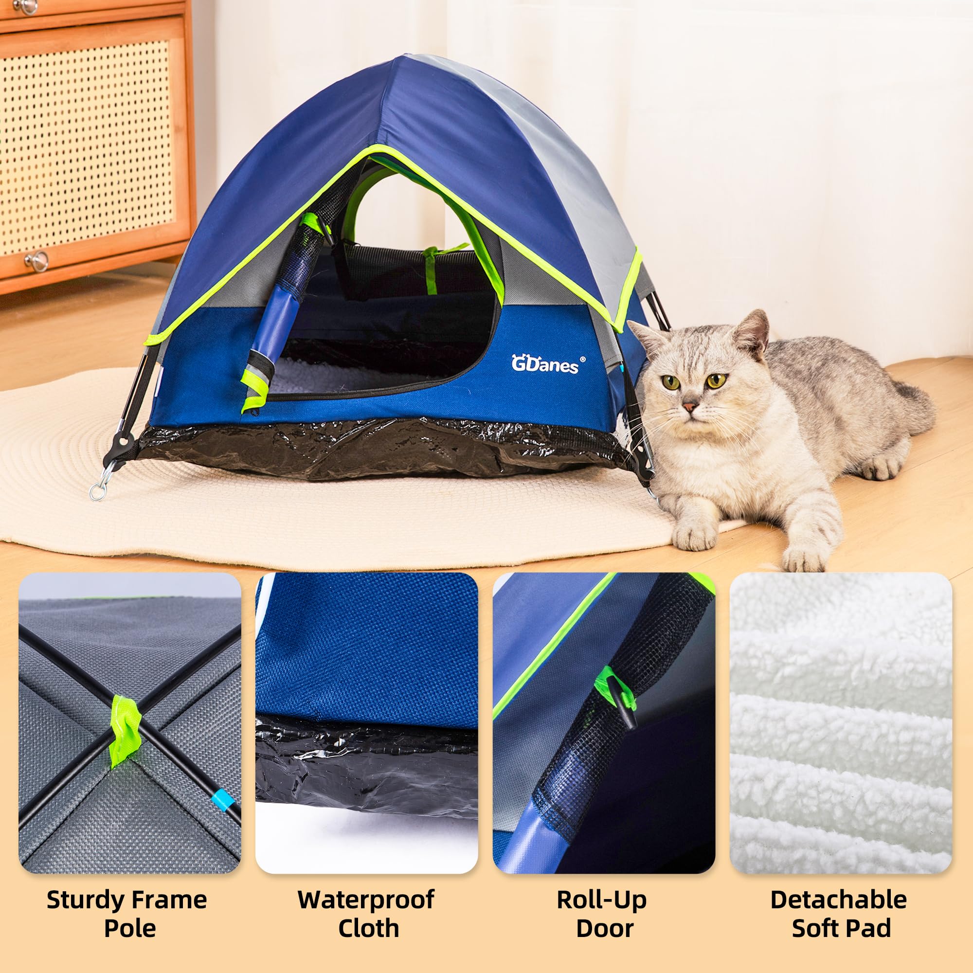 Gdanes Blue Cat Tent, Large Cave Bed For Indoor Cats And Small Dogs With Soft Pad - 22'' X 22'' X 16''