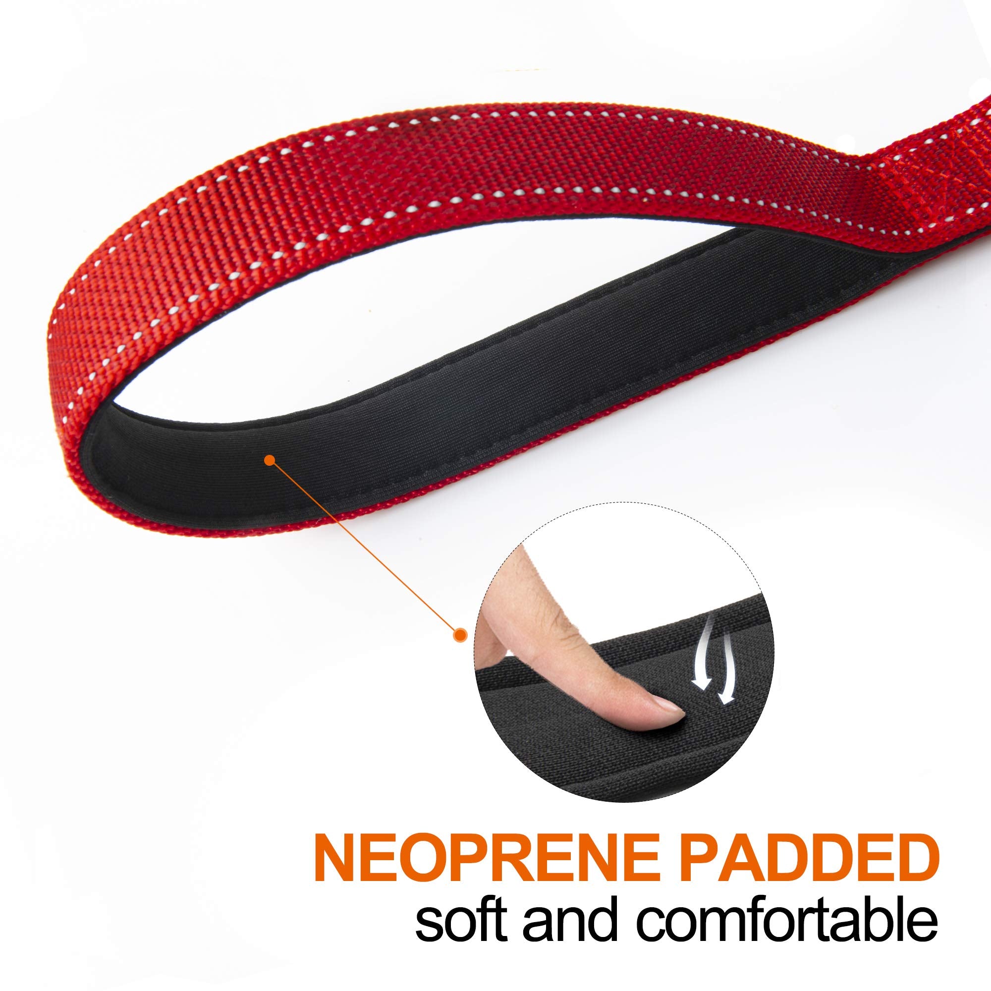 Twoear 6Ft 1In Strong Red Dog Leash With 2 Padded Handles, Traffic Handle Extra Control, Comfortable Soft Dual Handle, Auto Lock