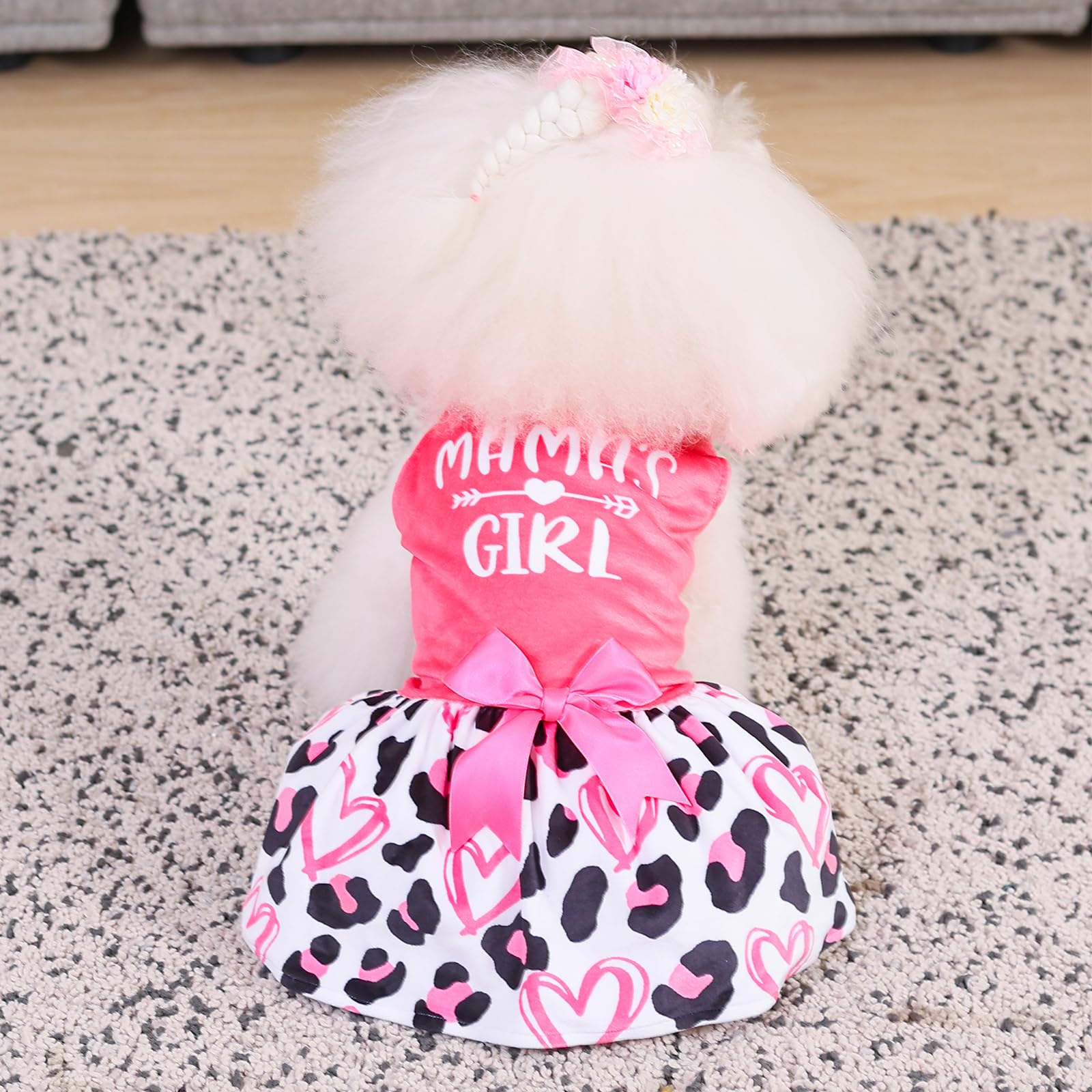 Cutebone Dog Dresses Velvet Mama'S Girl Small Dogs Clothes Onesie Pet Apparel Girl Puppy Skirt With Bow Hair Rope Cva40Xxs-D