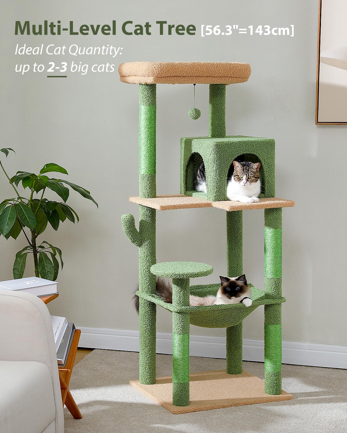Muttros Cactus Cat Tree For Large Cats With Metal Plush Big Hammock, 56.3'' Cat Tower For Indoor Cats With 2 Door Condo House, 6