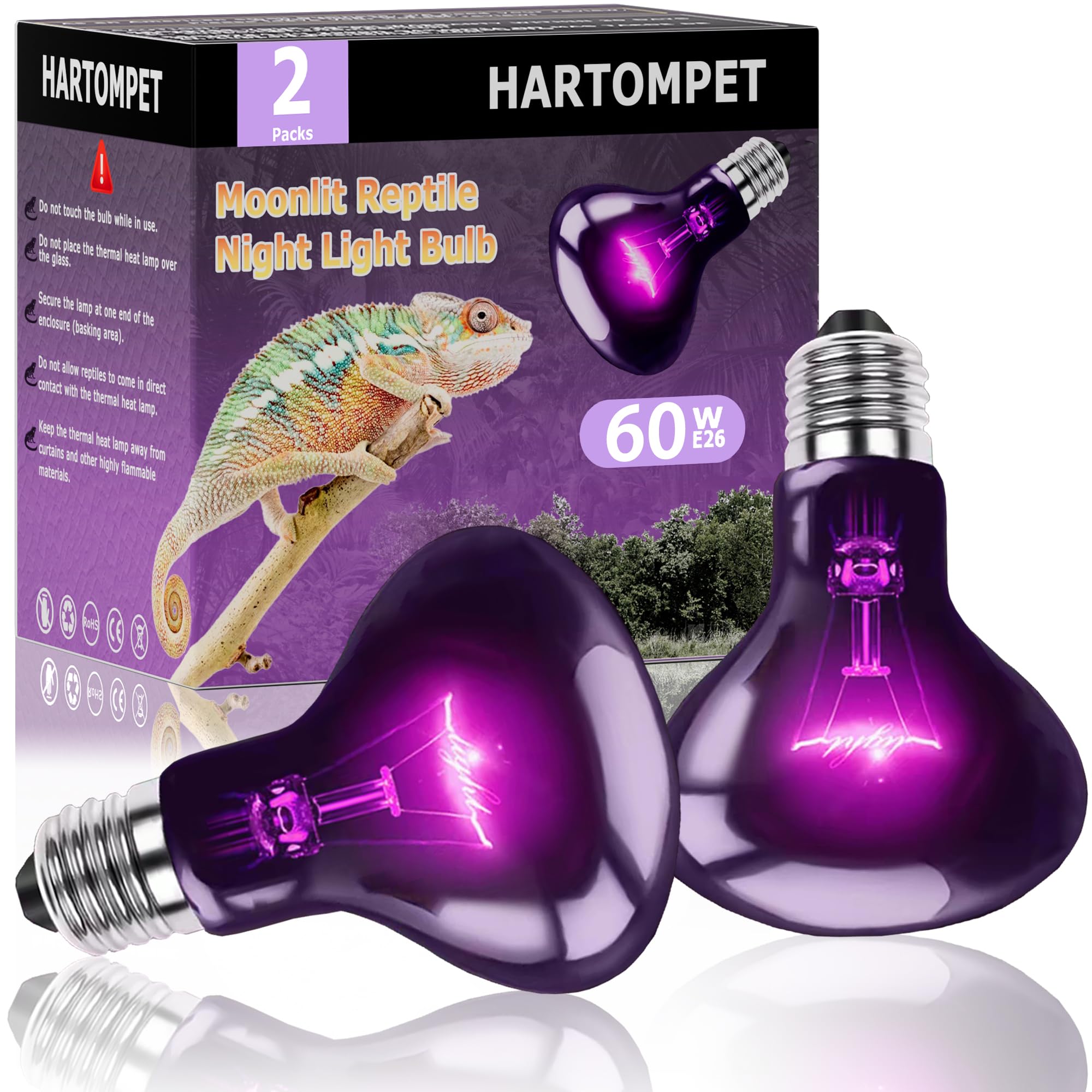Hartompet 60W Reptile Night Light Bulb - Simulated Moonlight & Purple Heat Lamp For Reptiles And Amphibians - Perfect Uva Baskin