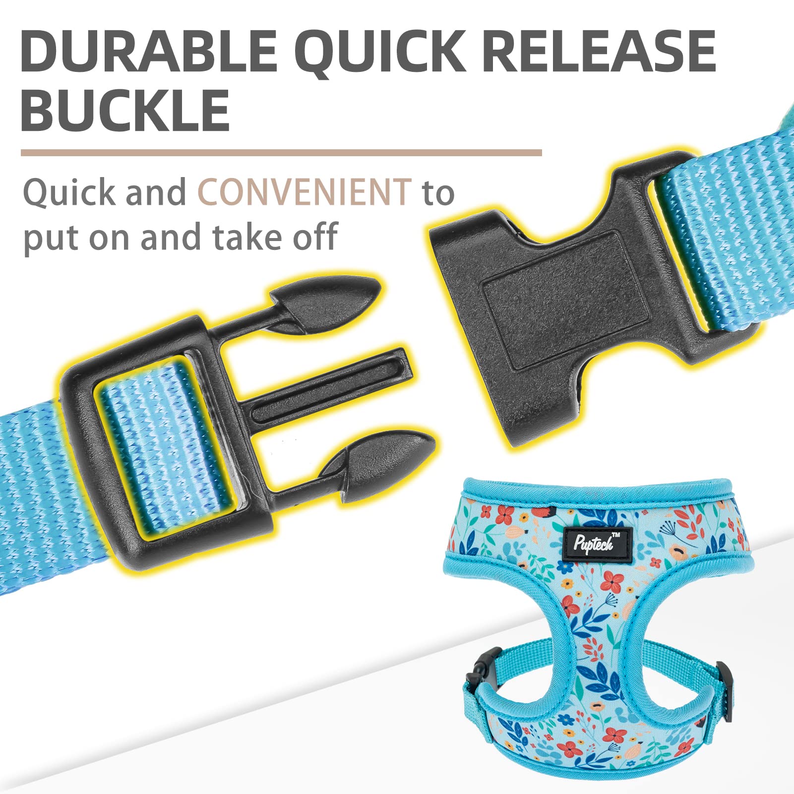 Pupteck Soft Mesh Dog Harness And Leash Set Pet Puppy Cat Comfort Padded Vest No Pull Harnesses, Blue Floral, S